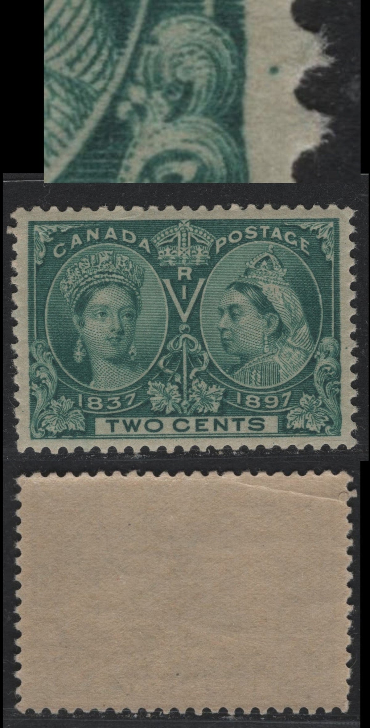Lot 313 Canada #52 2c Green , 1897 Diamond Jubilee Issue, A VGNH Single, ABN-V Paper, Perf 11.95x12, Showing A Dot In The Right Margin Opposite The Top Of the LR Scroll, Small but Deep Corner Crease At UL.