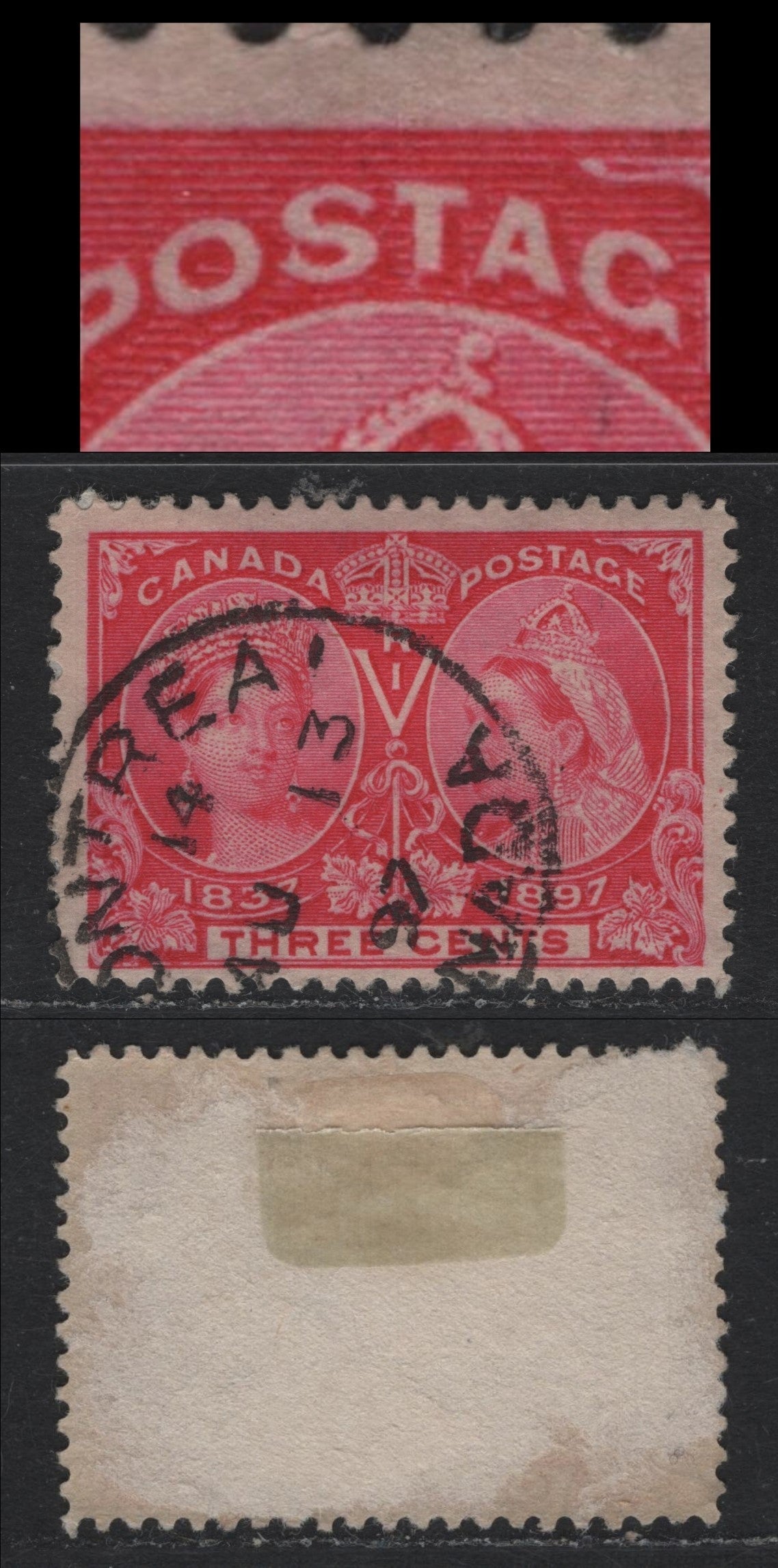 Lot 319 Canada #53 3c Bright Rose , 1897 Diamond Jubilee Issue, A Fine Used Single, ABN-U Paper, Perf 12x11.9, Showing A Re-Entry Consisting Of Doubling In The 'A' of Postage, the Letters of Three & Inner Frameline Under the LL Maple Leaf, Unlisted.