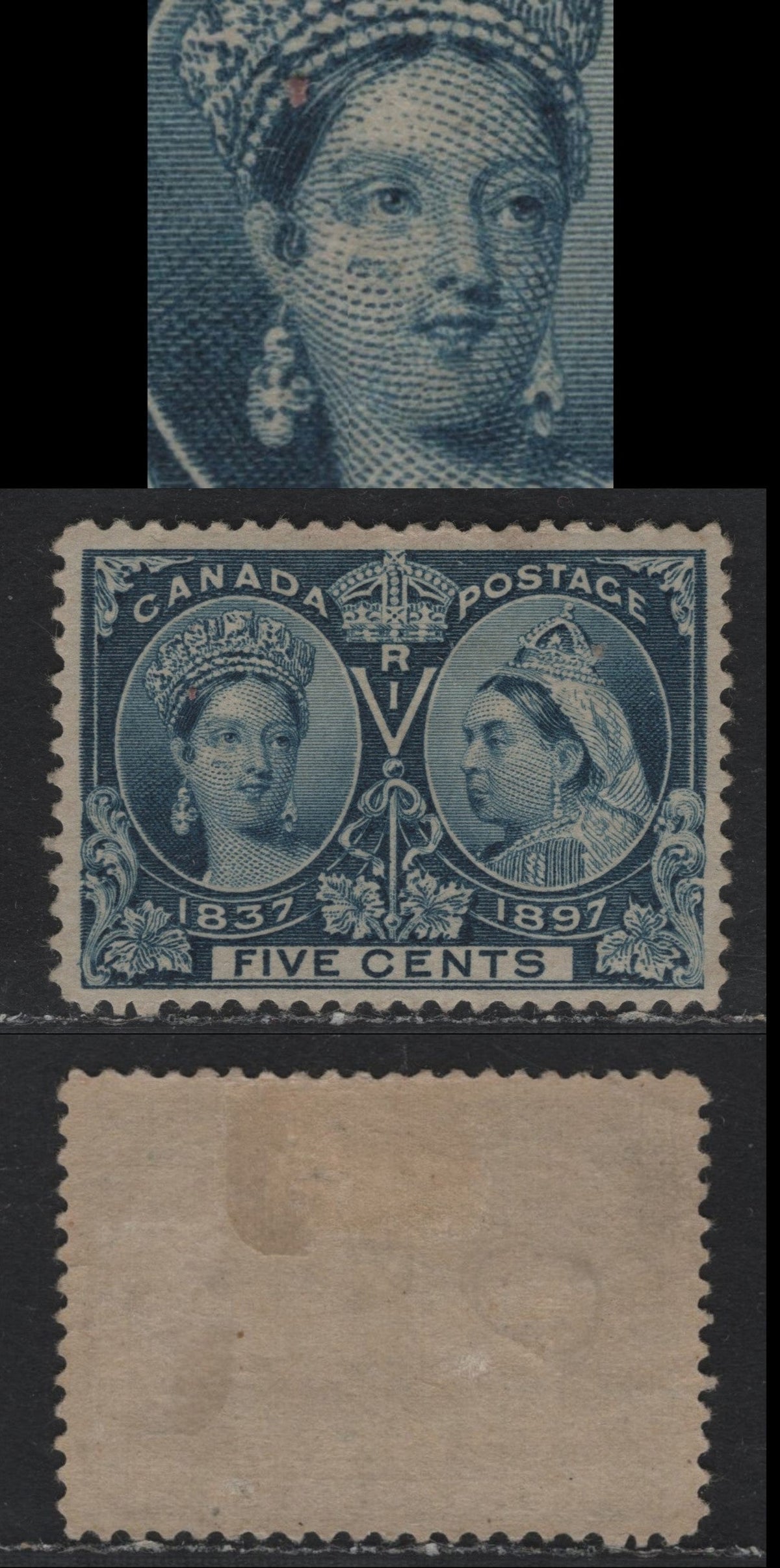 Lot 321A Canada #54ivar 5c Prussian Blue , 1897 Diamond Jubilee Issue, A FOG Single, ABN-U Paper, Perf 11.9x12, Showing Very Small Position Dot On Ll Frameline, Very Tiny Margin Tear At Right, Midway Up The Stamp.