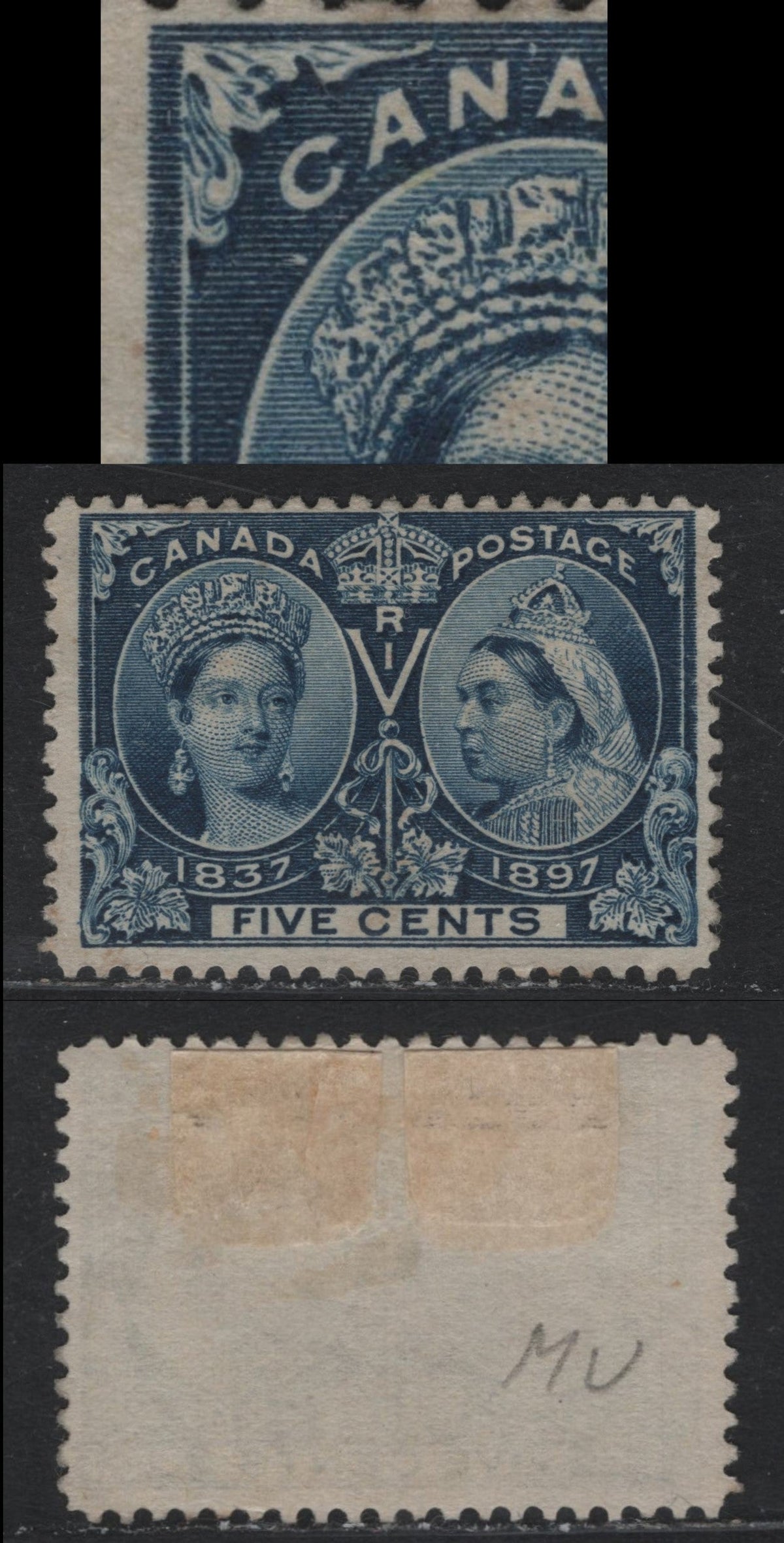 Lot 325 Canada #54var 5c Blackish Blue , 1897 Diamond Jubilee Issue, A Fine Used Single, ABN-U Paper, Perf 12x11.8, Showing Plate Damage Consisting Of A White Dot In The Background Under the 'C' of Canada.