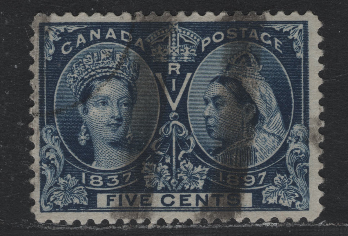 Lot 326 Canada #54 5c Deep Bright Blue , 1897 Diamond Jubilee Issue, A Fine Used Single, ABN-V Paper, Perf 12, CDS & Smudgy Roller Cancel Consisting Of Two Broad Bars. Well Centered.