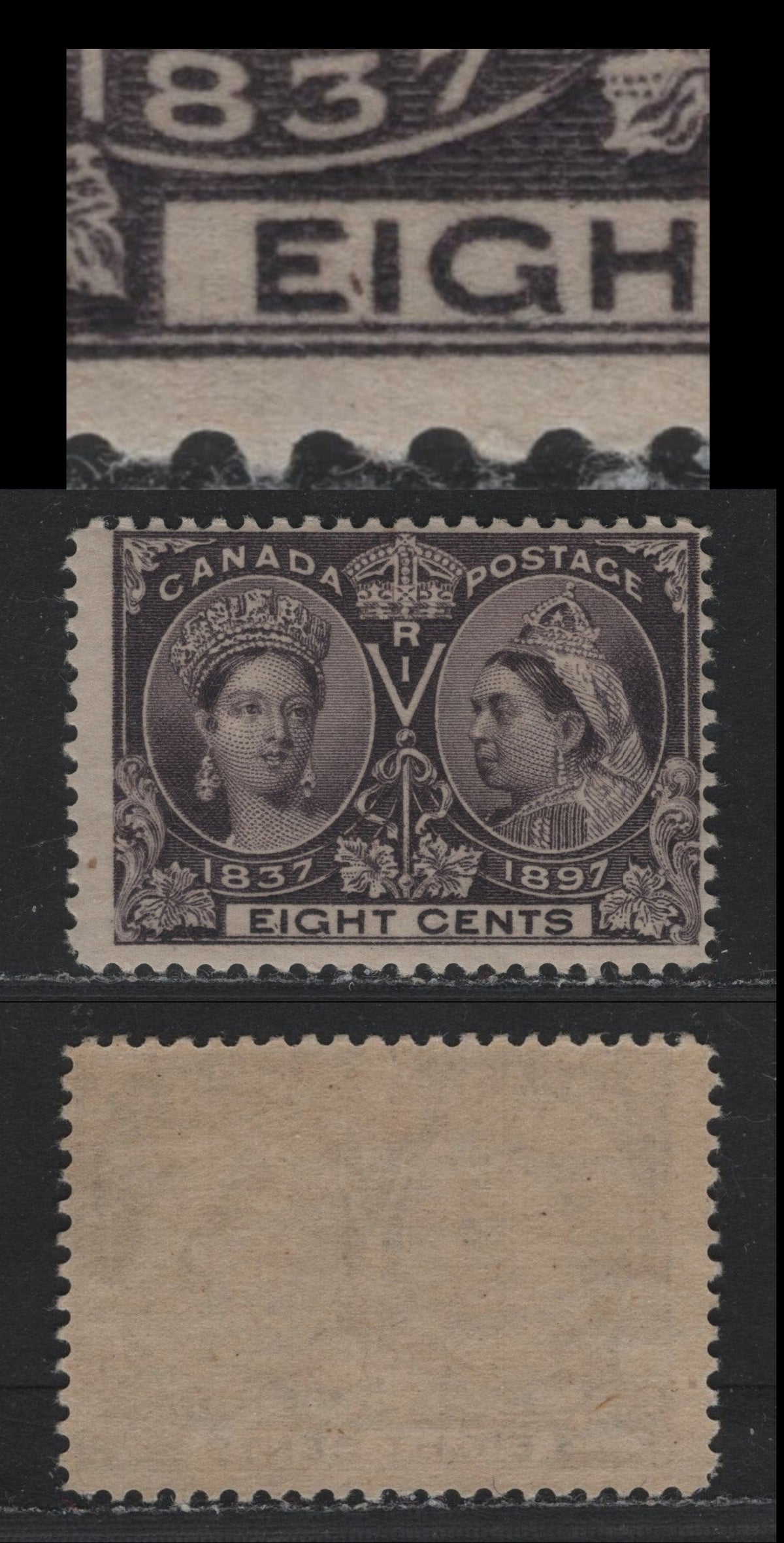 Lot 329 Canada #56 8c Blackish Violet , 1897 Diamond Jubilee Issue, A FOG Single, ABN-U Paper, Perf 11.9, Unlisted Apostrophe Between E & I of Eight, Likely Constant, But Not Plated.
