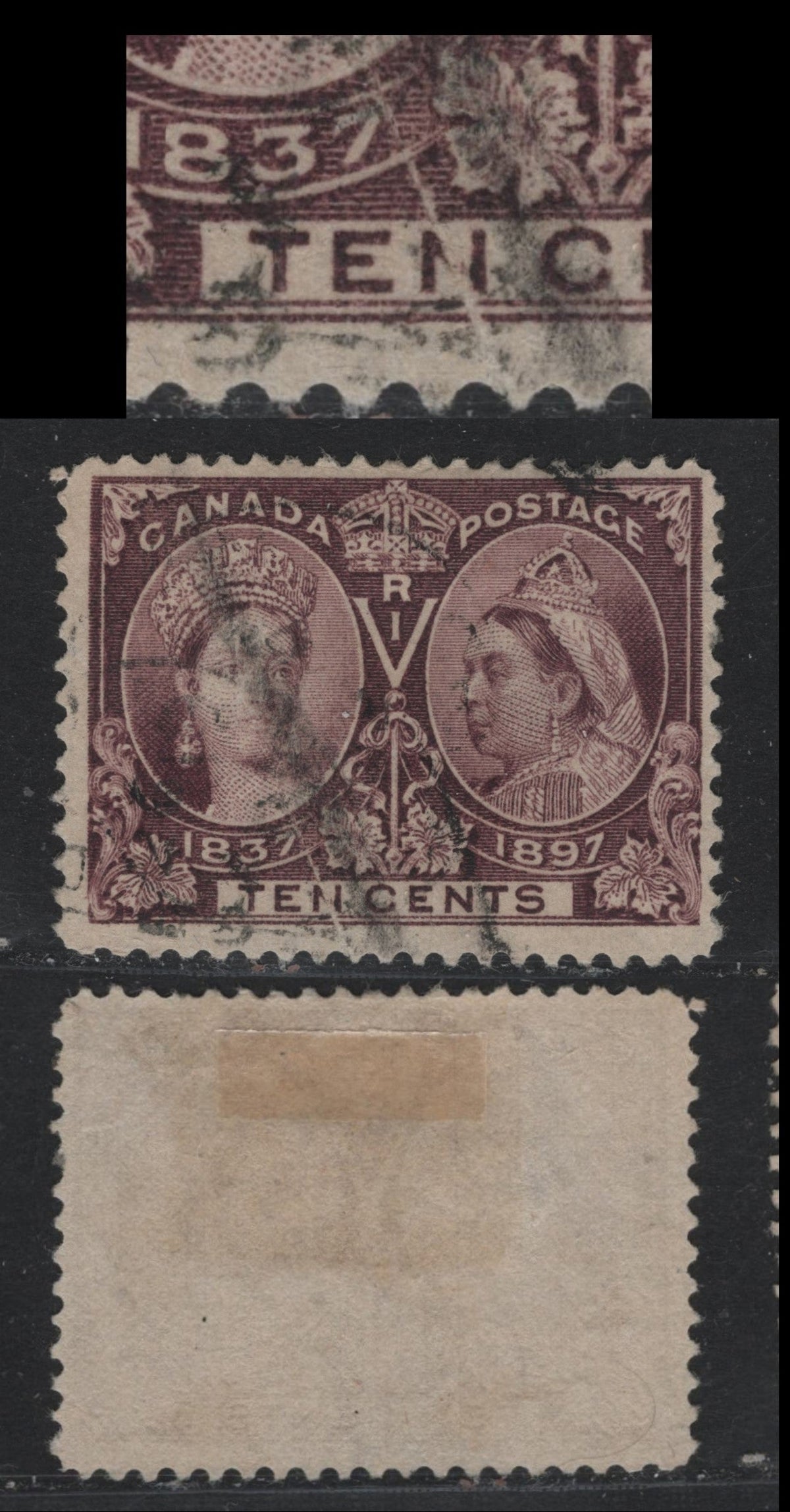 Lot 331A Canada #57var 10c Purple Brown , 1897 Diamond Jubilee Issue, A Very Good Used Single, ABN-AAAA Paper, Perf 11.9x11.85, Showing Dot In Central Ribbon & Very Large White Diagonal Scratch From left Medallion To The Bottom Margin Through N of Ten.