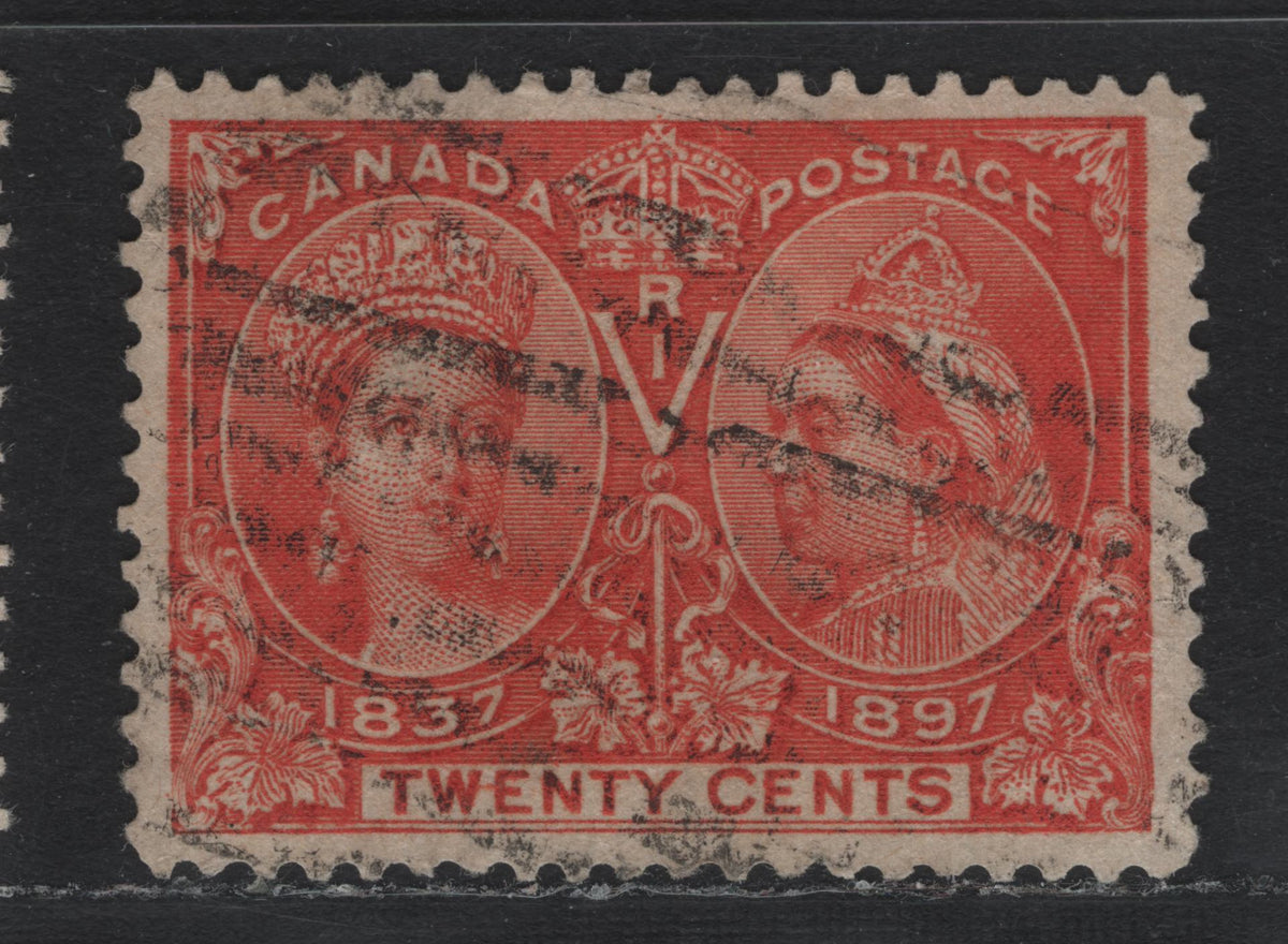 Lot 336 Canada #59i 20c Dark Vermillion , 1897 Diamond Jubilee Issue, A Fine Used Single, ABN-AAAA Paper, Perf 12.1x12.2, Two Light Diagonal Creases, Light Roller Cancel, But Very Well Centered.