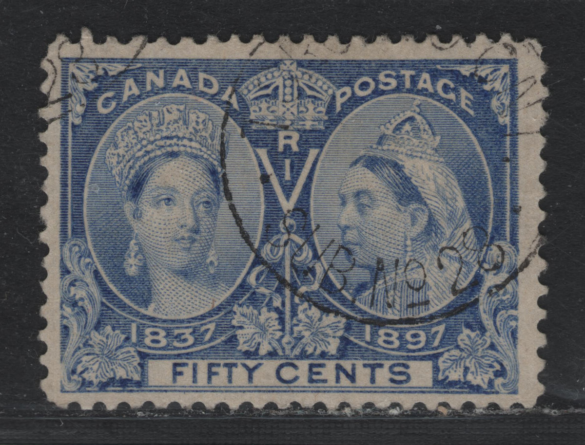 Lot 338 Canada #60 50c Ultramarine , 1897 Diamond Jubilee Issue, A Fine used Single, ABN-AAAA Paper, Perf 12x11.9, Strong Color & Light CDS Cancel.