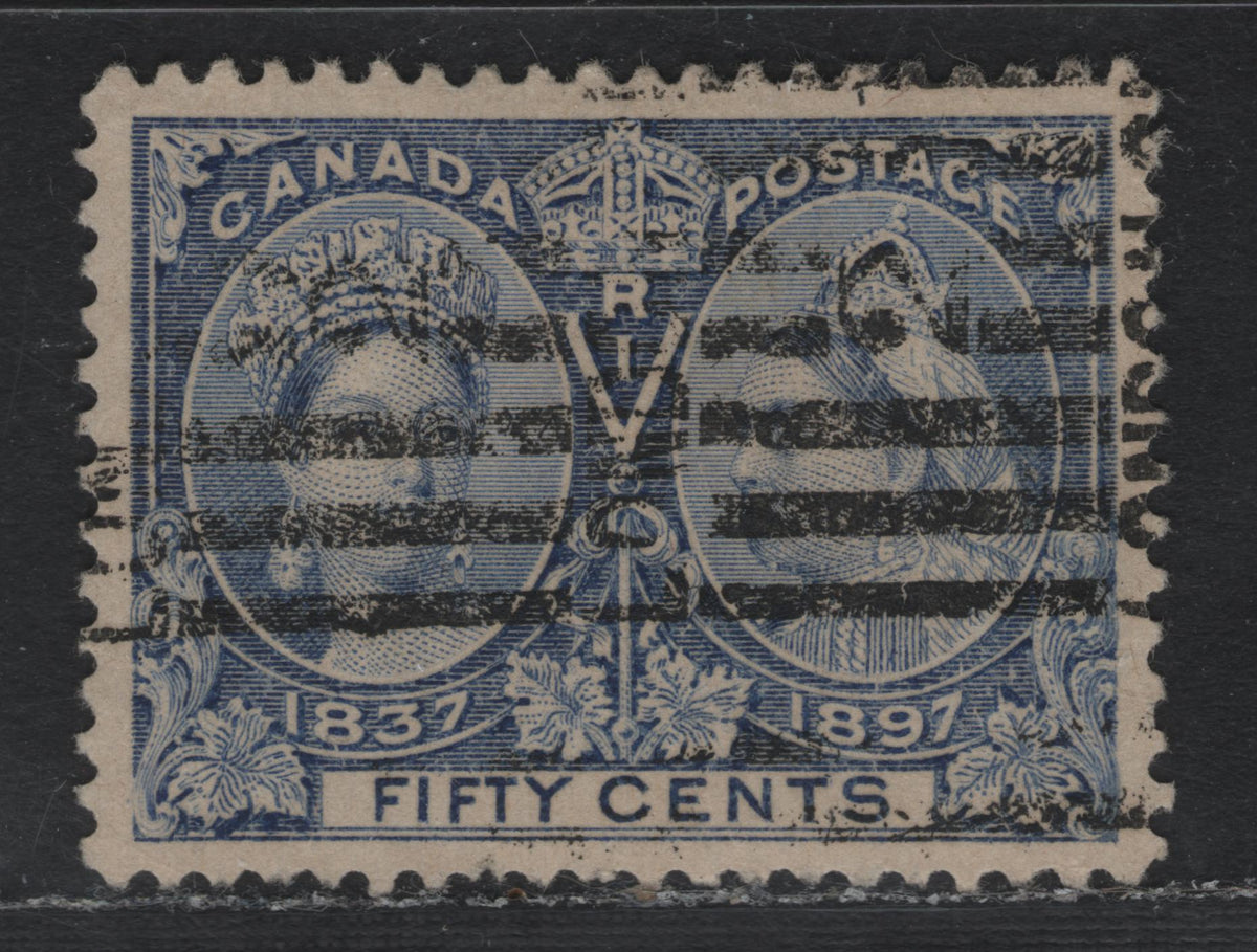 Lot 339 Canada #60i 50c Deep Ultramarine , 1897 Diamond Jubilee Issue, A Very Good Used Single, ABN-W Paper, Perf 12x11.9, Very Tiny& Shallow Hinge Thin, London ON '2' Roller Cancel.