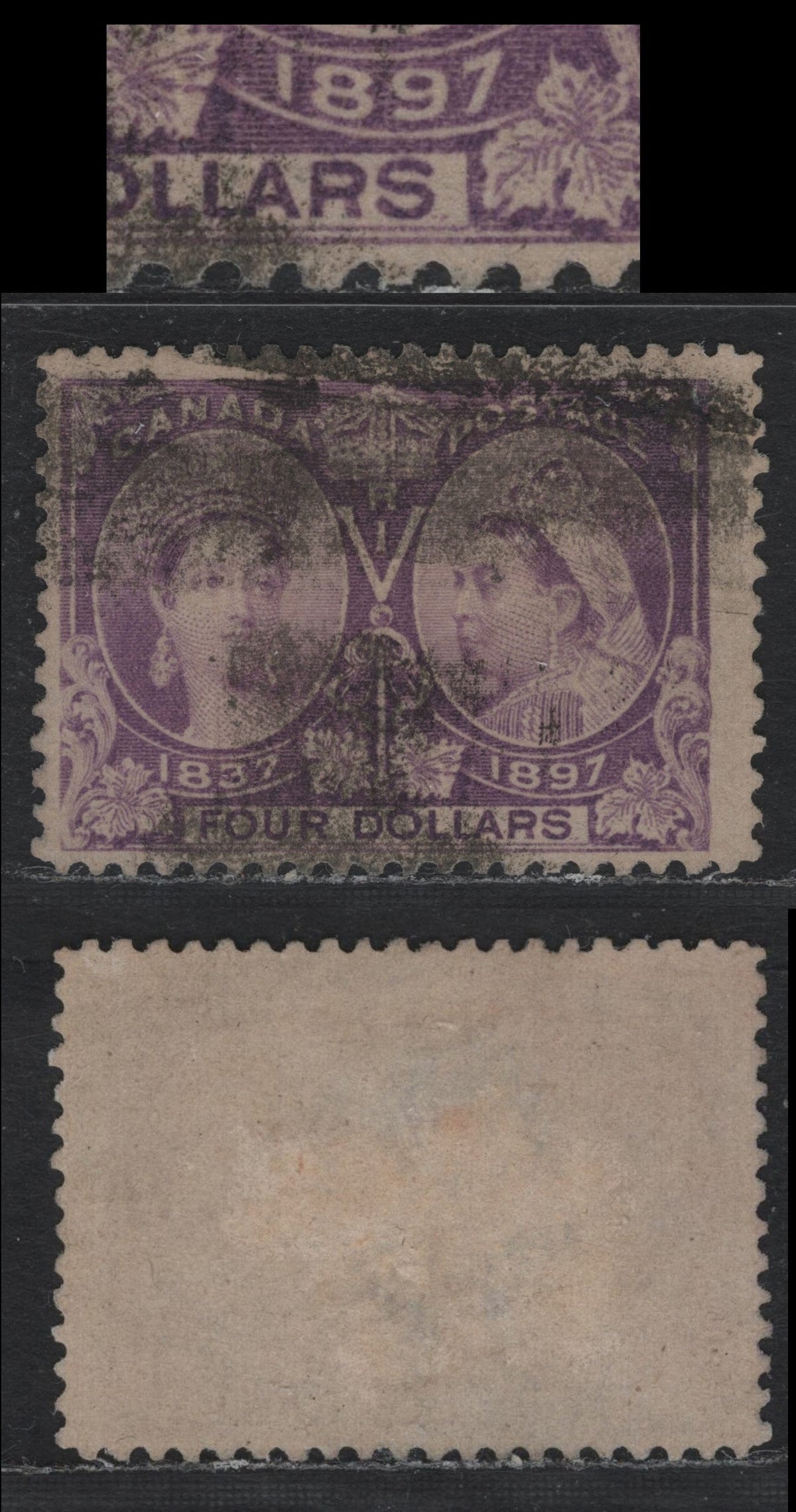 Lot 341C Canada #64 $4 Lively Gray Violet , 1897 Diamond Jubilee Issue, A Fine Used Single, ABN-AAAA Paper, Perf 11.9, A Sound Used Example With A Moderately Heavy, But Not Too Heavy Smudge Cancel, Only 14.500 Issued.