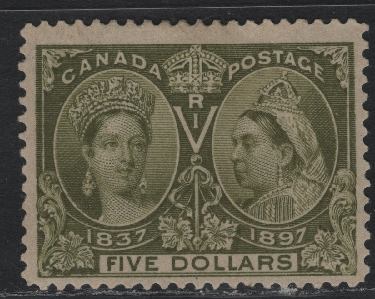 Lot 341D Canada #65 $5 Olive Green , 1897 Diamond Jubilee Issue, A FOG Single, ABN-AAAA Paper, Perf 12x11.9, Beautiful Example Of this Iconic 'Holy Grail' Stamp, That Is The Dream of Every Canada Collector.
