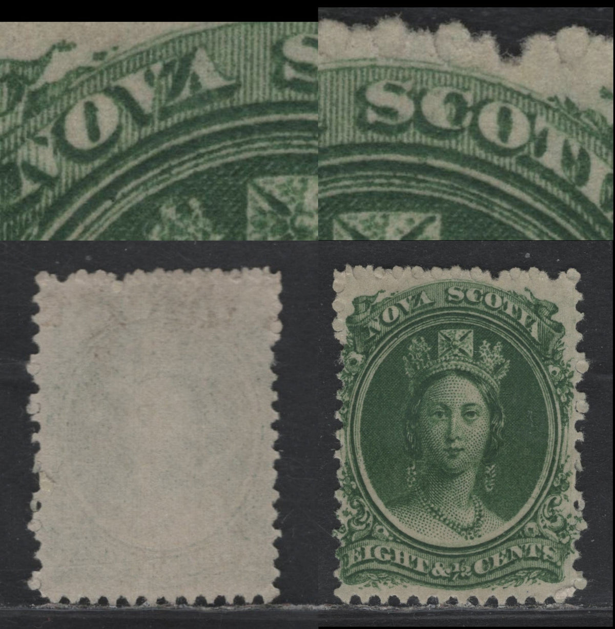 Lot 344 Nova Scotia #11a 8.5c Dark Green , 1860-1863 Queen Victoria Issue, A Fine Unused Single, Cents-P Paper, Perf 12x11.75, Showing Small Marks In The A of Nova & C of Scotia.