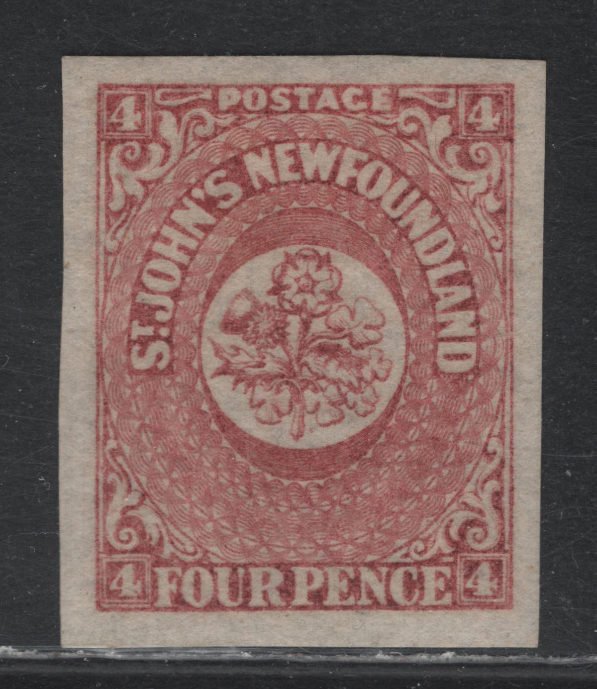 Lot 346 Newfoundland #18 4d Brownish Rose , 1861-1862 Pence Issue, A GEMOG Single, PB-A Paper, Jumbo Margins, November 1861 Printing.