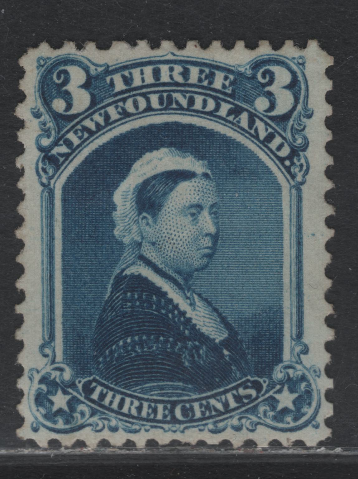 Lot 348 Newfoundland #34 3c Blue , 1868-1894 2nd Cents Issue, A VFOG Single, Cents-CC Paper, Perf 12x11.75, Expertly Regummed, Exceptional Centering For This Issue, Perfs are All Original.