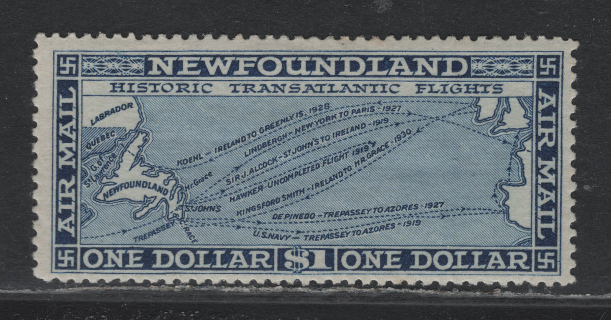 Lot 350 Newfoundland #C8 $1 Blue , 1931 Pictorial Airmail Issue, A FOG Single, Unwatermarked, Perf 14.25x13.9