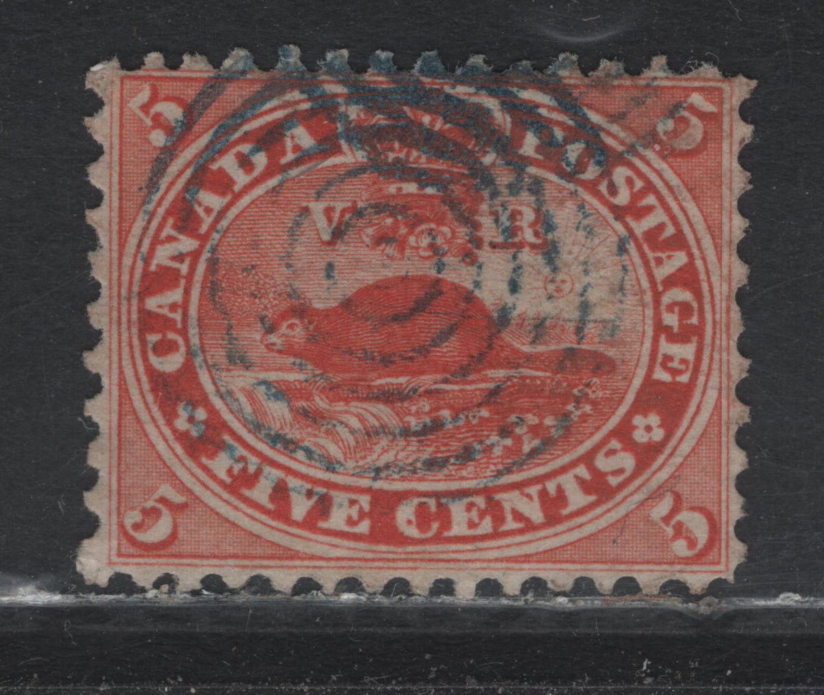 Lot 352 Canada #15 5c Vermillion , 1859-1864 Cents Issue, A Very Fine Used Single, Cents-D Paper, Perf 11.75, Blue 7 Ring Target Cancel.