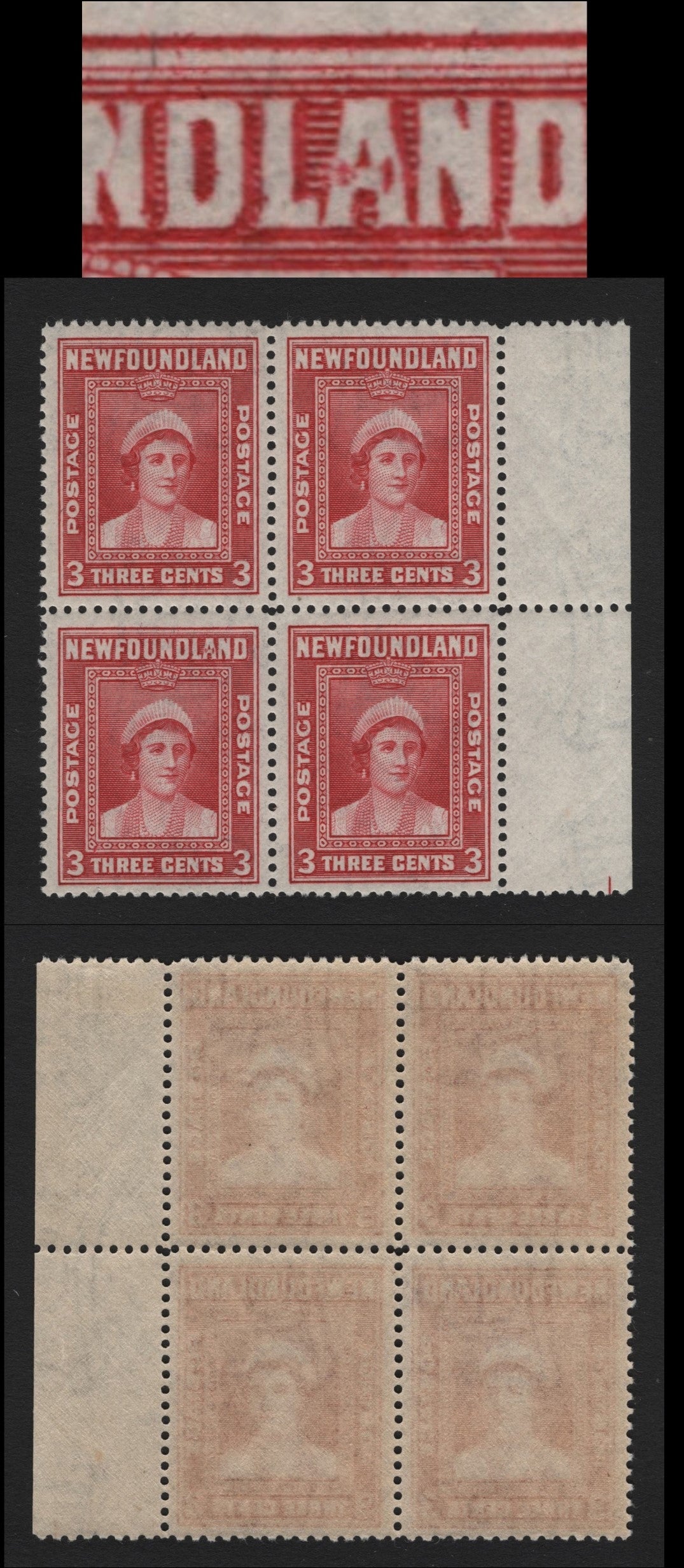 Lot 353 Newfoundland #255i 3c Rose Carmine , 1941-1944 Definitive Re-Issue, A VFNH Block Of 4, Broken A In Land, From Pos. 49, Perf 12.5x12.7.