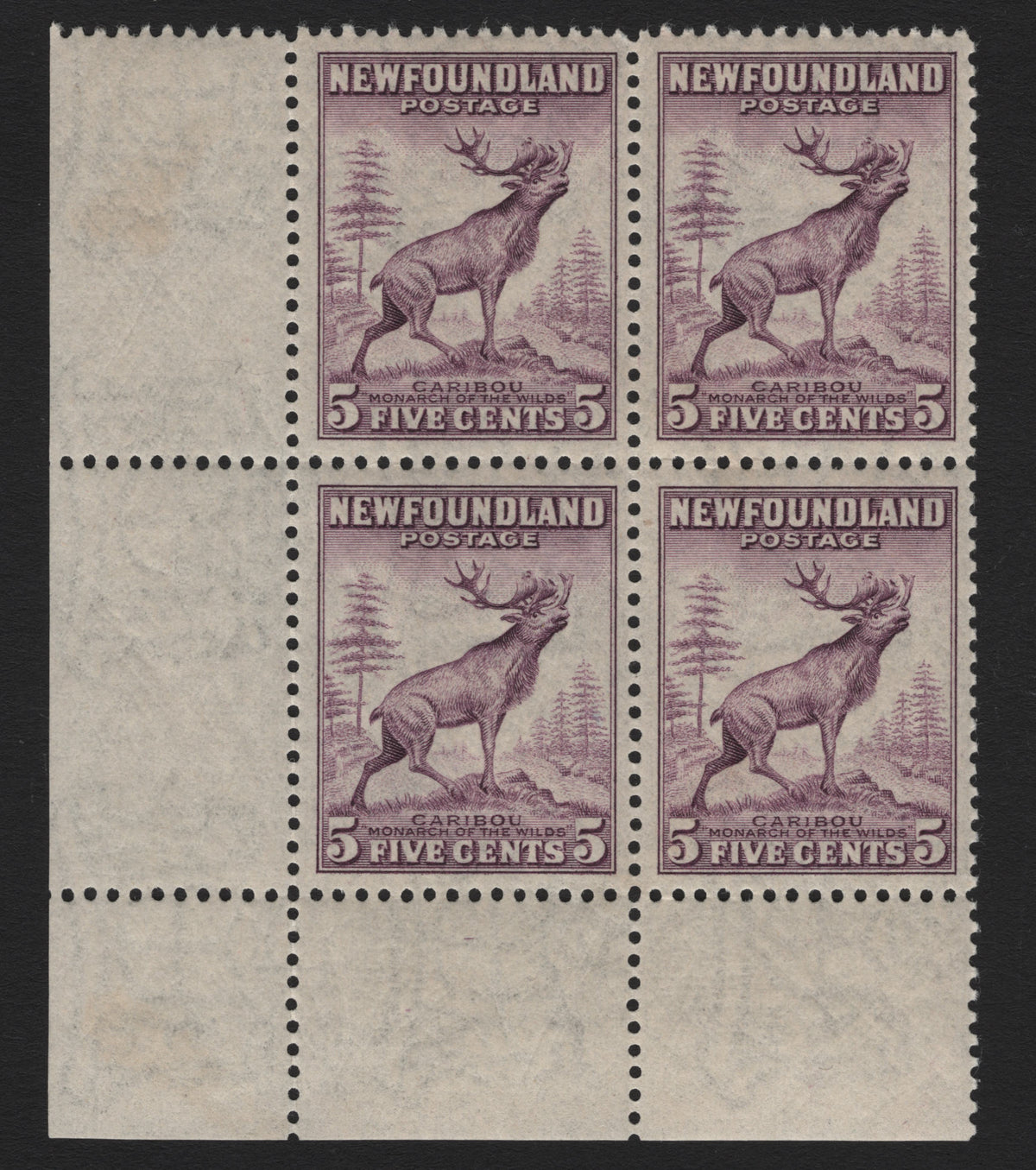 Lot 354 Newfoundland #257 5c Violet , 1941-1944 Definitive Re-Issue, A VFNH LL Blank Corner Block Of 4, Die 1, Line Perf 12.7