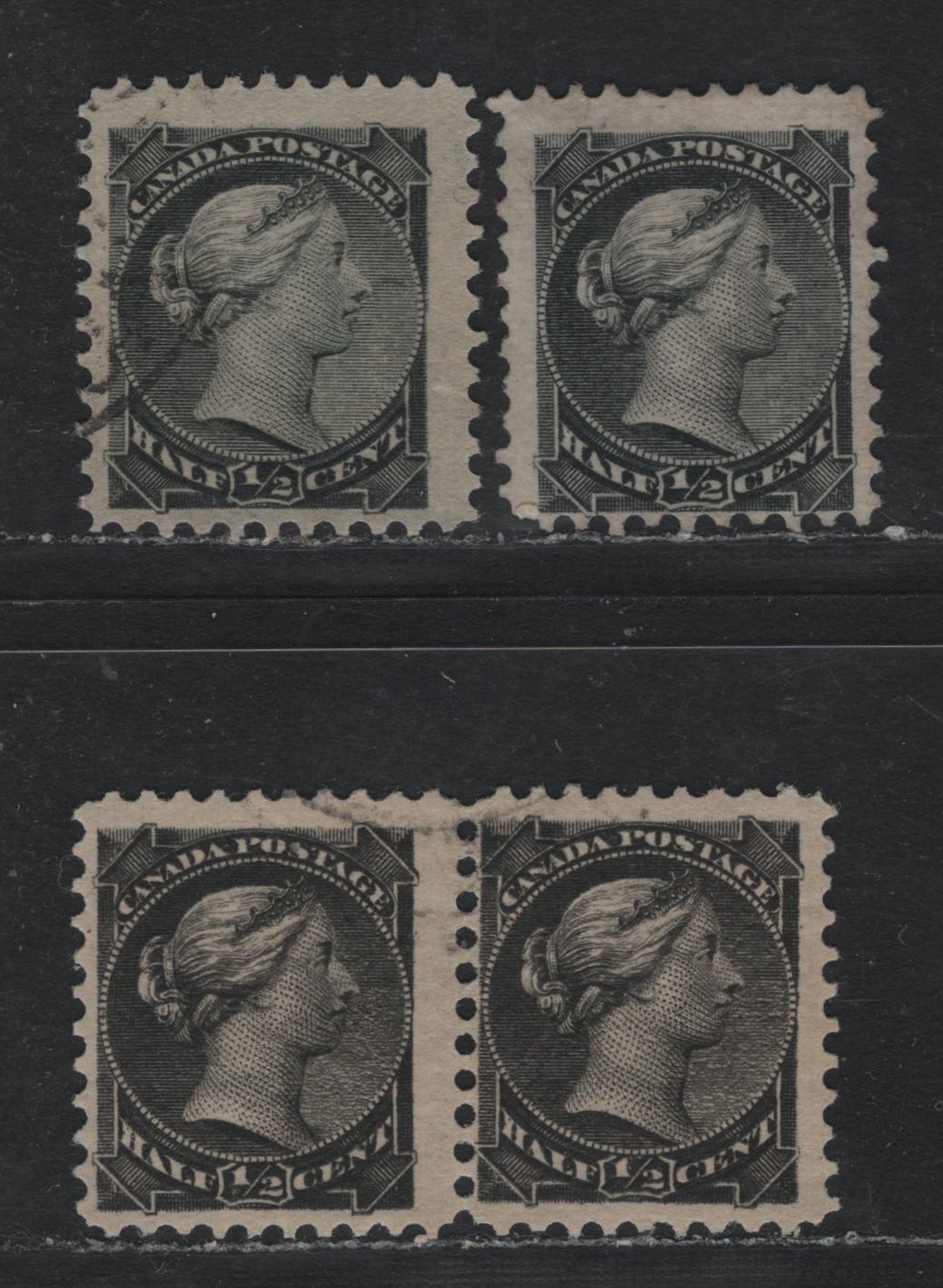 Lot 355 Canada #34, 34i 1/2c Jet Black & Gray Black , 1870-1893 Small Queen Issue, 3 Fine Used Singles & Pair, 2nd Ottawa Printing, Newsprint Paper, All Unchecked As to Specific Types & Perf, Montreal & Ottawa Printings Of Gray Black Shades.