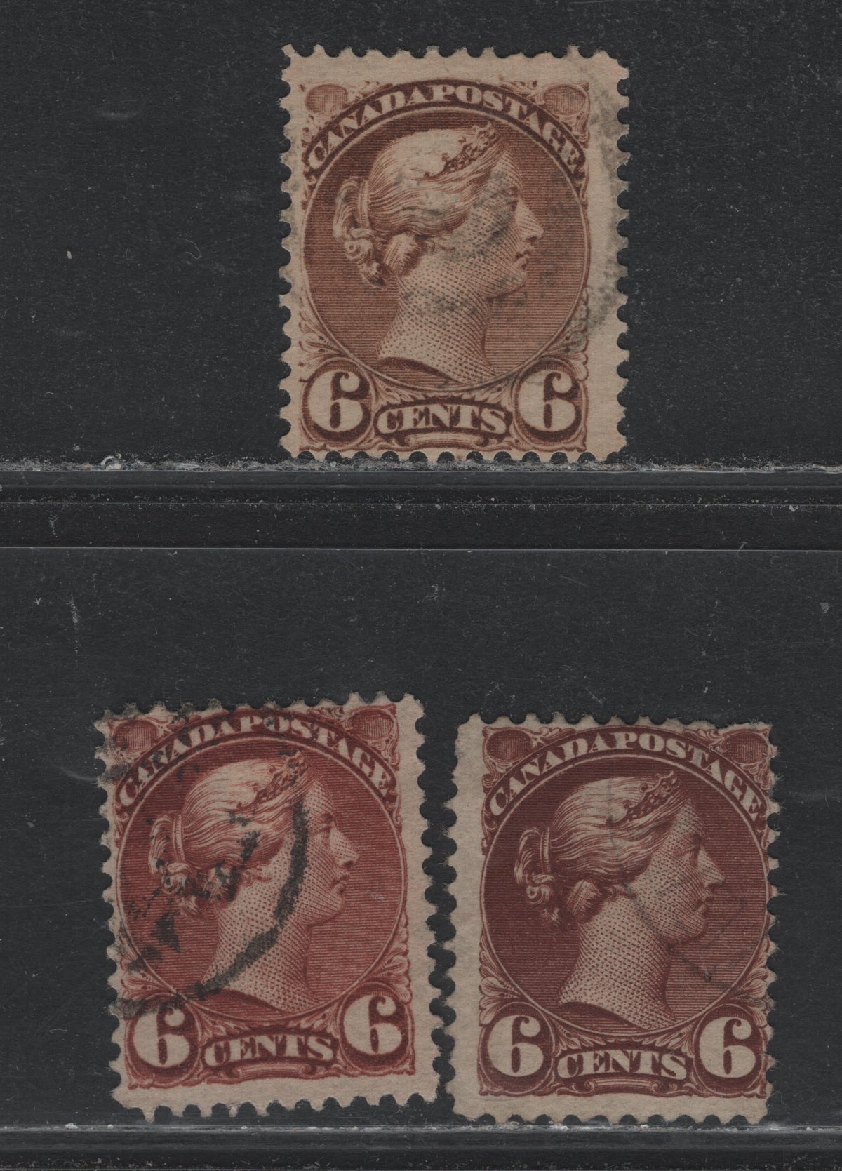 Lot 357 Canada #39d, 43, 43a 6c Brown - Red Brown , 1870-1897 Small Queen Issue, 3 Fine Used Singles, 2nd Ottawa Printings, 2O-L Paper, Unchecked As to Perf.