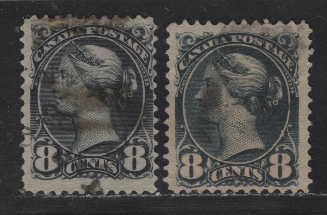Lot 360 Canada #44b 8c Slate - Deep Slate , 1888-1897 Small Queen Issue, 2 Fine Used Singles, 2nd Ottawa Printings, 2O-R & 2O-T Papers, Unchecked As To Perfs.