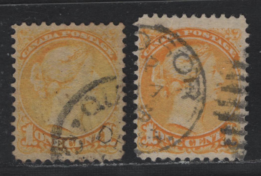 Lot 363 Canada #35 1c Pale Lemon - Bright Yellow , 1870-1893 Small Queen Issue, 2 Very Good/Very Fine Used Singles, 2nd Ottawa Printings, 2O-N Paper, Unchecked As to Perf, The Bright Yellow Has A Corner Crease.