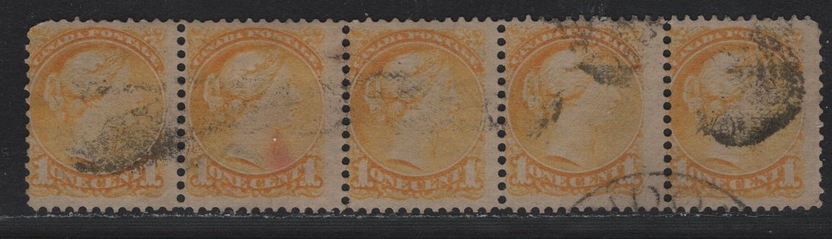 Lot 365 Canada #35 1c Pale Yellow , 1870-1893 Small Queen Issue, A Very Good/Fine Used Strip of 5, 2nd Ottawa Printing, Perf 12.1x12.2, Unchecked As to Specific Paper Type, Strips Larger Than 3 Are Very Scarce.