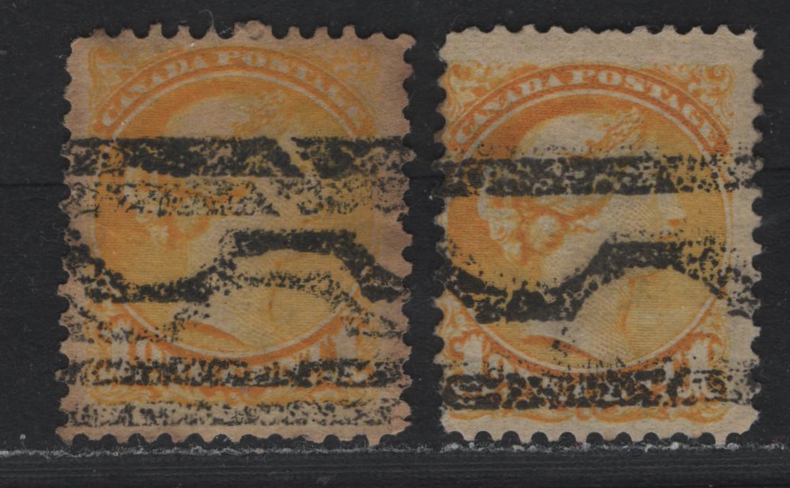 Lot 367 Canada (C)#35i 1c Yellow , 1870-1893 Small Queen Issue, 2 Fine Used Singles, 2nd Ottawa Printings, Unchecked As To Specific Paper Type & Perf, T Style U & U-Double Precancels.