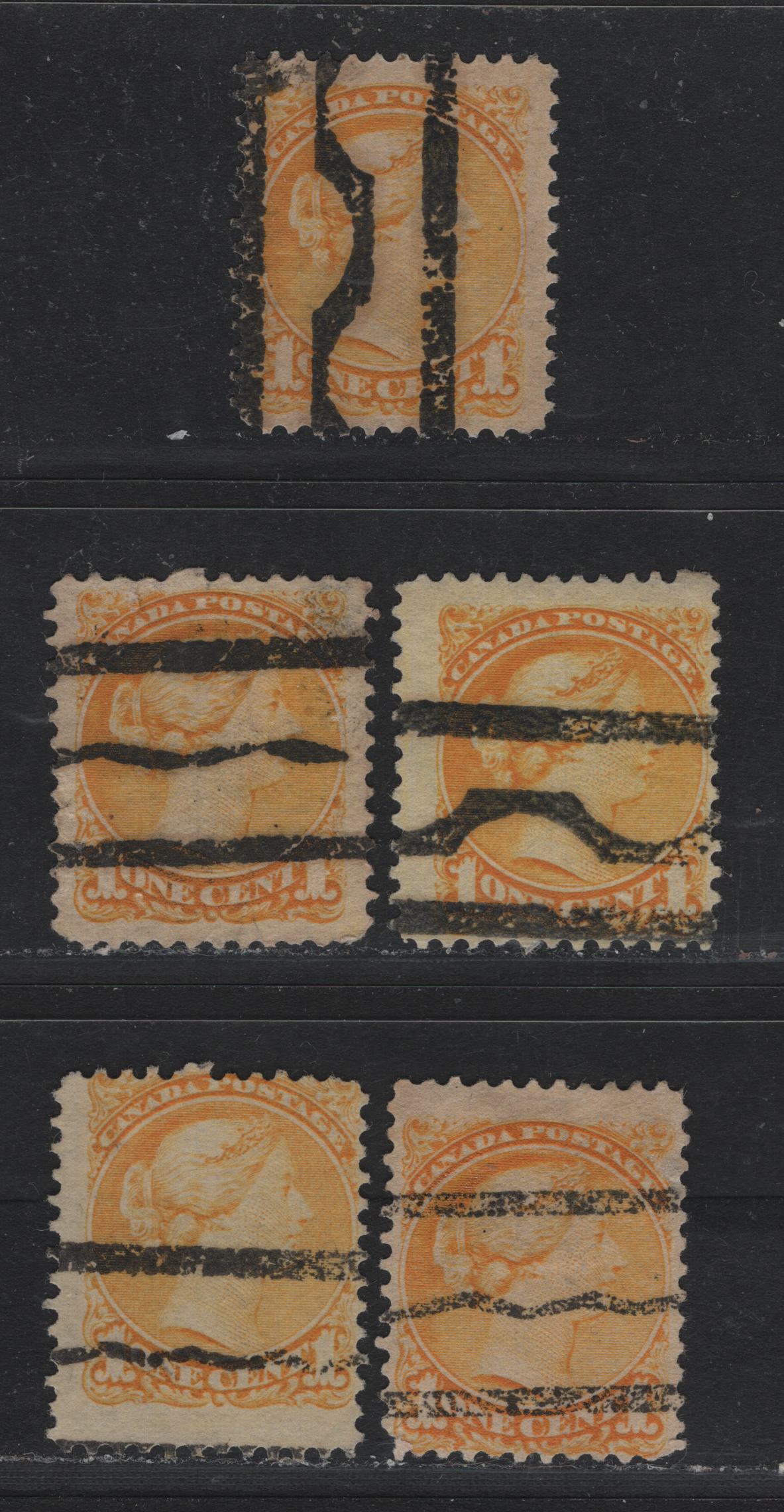 Lot 368 Canada #35 1c Pale Yellow , 1870-1893 Small Queen Issue, 5 Very Good/Fine Used Singles, 2nd Ottawa Printings, Unchecked As To Specific Paper Type & Perf, Styles T, R, U, U-Vertical & S Precancel.