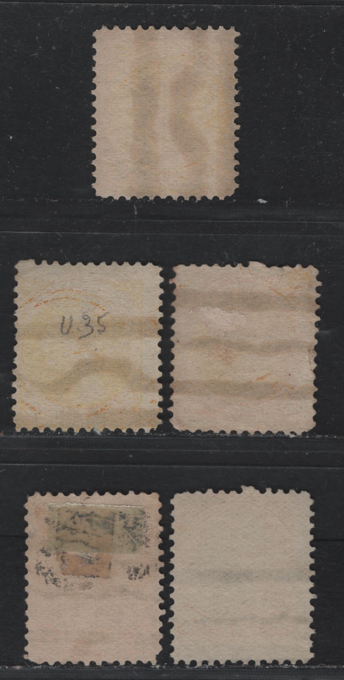 Lot 368 Canada #35 1c Pale Yellow , 1870-1893 Small Queen Issue, 5 Very Good/Fine Used Singles, 2nd Ottawa Printings, Unchecked As To Specific Paper Type & Perf, Styles T, R, U, U-Vertical & S Precancel.