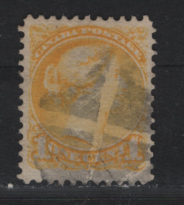 Lot 369 Canada #35i 1c Lemon Yellow , 1870-1893 Small Queen Issue, A Very Fine Used Single, Montreal Printing, Perf 12, Paper MM-B,1880, Circle of Wedges Cork Cancel.