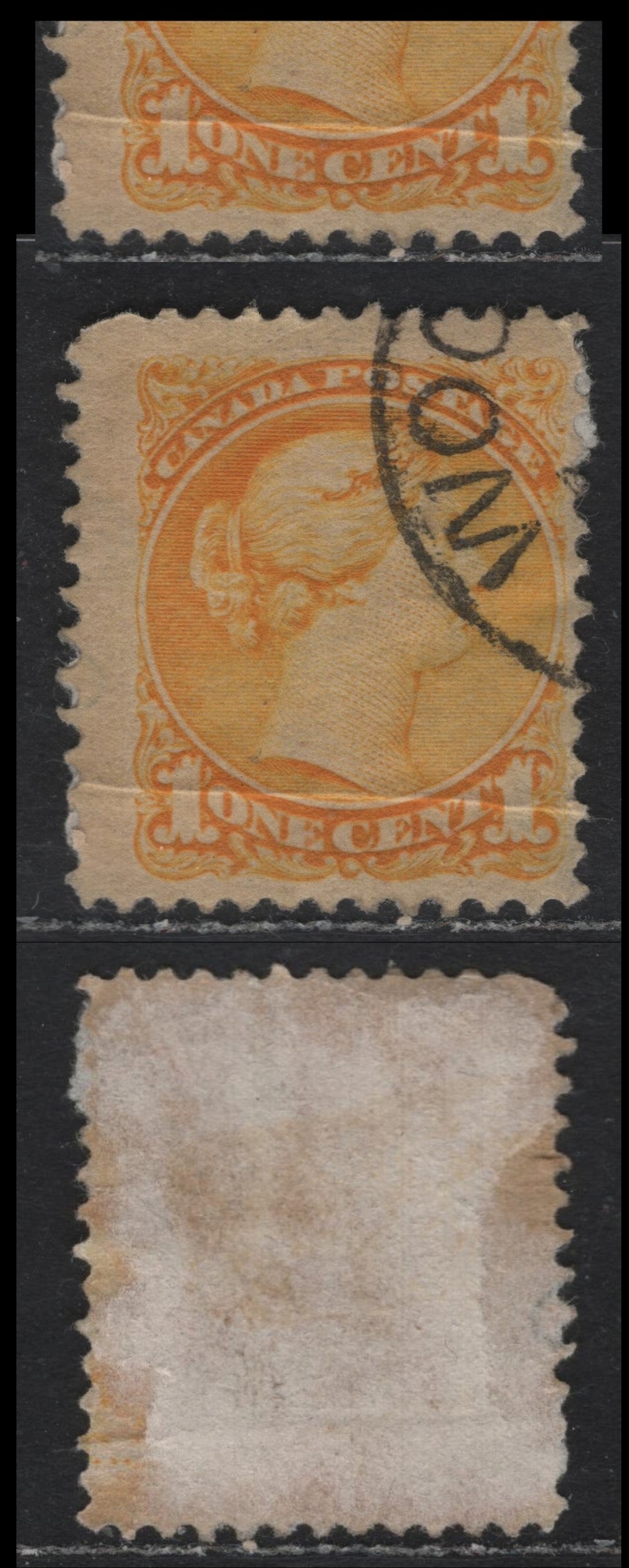 Lot 370 Canada #35 1c Yellow , 1870-1893 Small Queen Issue, A Fine Used Single, 2nd Ottawa Printing, Unchecked As To Specific Paper Type & Perf, Pre-Production Paper Crease That Extends From Side to Side Through Both 1's.