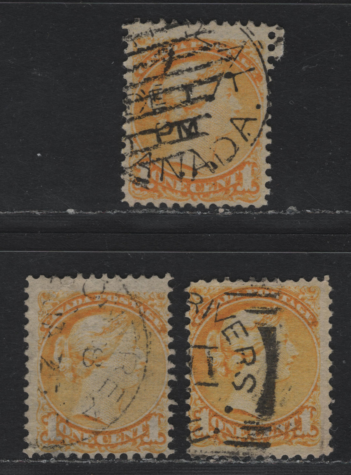 Lot 371 Canada #35 1c Yellow , 1870-1893 Small Queen Issue, 3 Very Good/Fine Used Singles, 2nd Ottawa Printings, Thinner, Translucent Papers, Unchecked As To Specific Type & Perf.