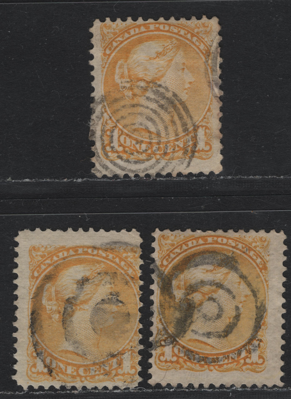 Lot 372 Canada #35i 1c Pale Yellow , 1870-1893 Small Queen Issue, 3 Very Good/Fine Used Singles, Montreal Printings, 7-Ring & 3-Ring Target Cancels & 3 Ring Bullseye Cancels, 7-Ring Cancel Has A Horizontal Crease.
