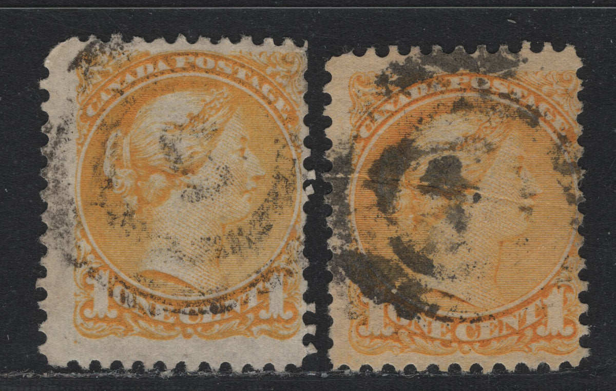 Lot 373 Canada #35, 35i 1c Yellow , 1870-1893 Small Queen Issue, 2 Very Good Used Singles, Montreal & Ottawa Printings, Unchecked As To Specific Type & Perf, Variation Of 12 or 12.1, #5 Ring 2 Ring cancel For Hamilton & #1 2-Ring Cancel For Montreal.
