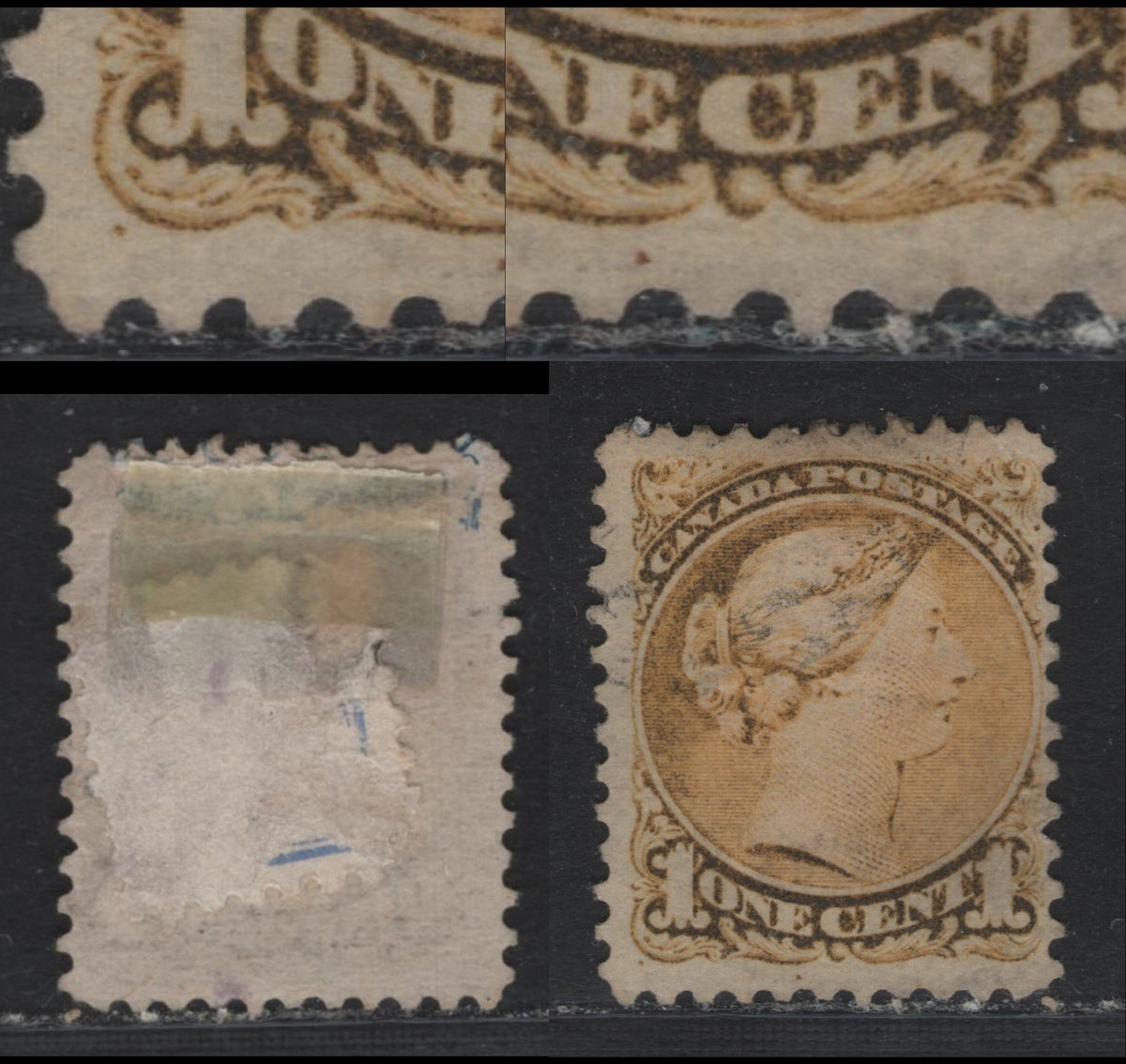 Lot 374 Canada #35i 1c Oxidized Yellow , 1870-1893 Small Queen Issue, A Fine Used Single, Montreal Printing, Perf 12x12.1, Paper MM-B, Showing 2 Plate Pos. Dots.