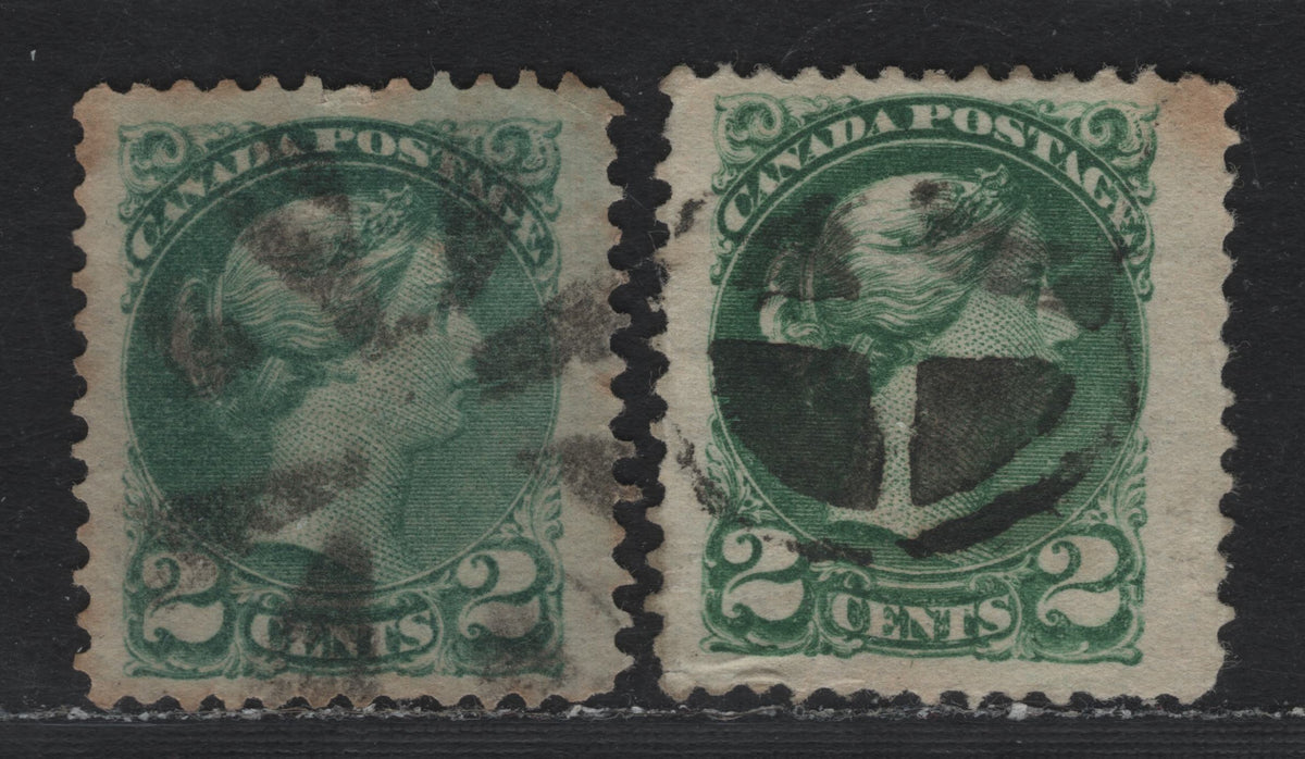 Lot 376 Canada #36i, 36ii 2c Green - Bluish Green , 1870-1893 Small Queen Issue, 2 Very Good Used Singles, 2nd Ottawa Printings, Scarce Cork Cancels