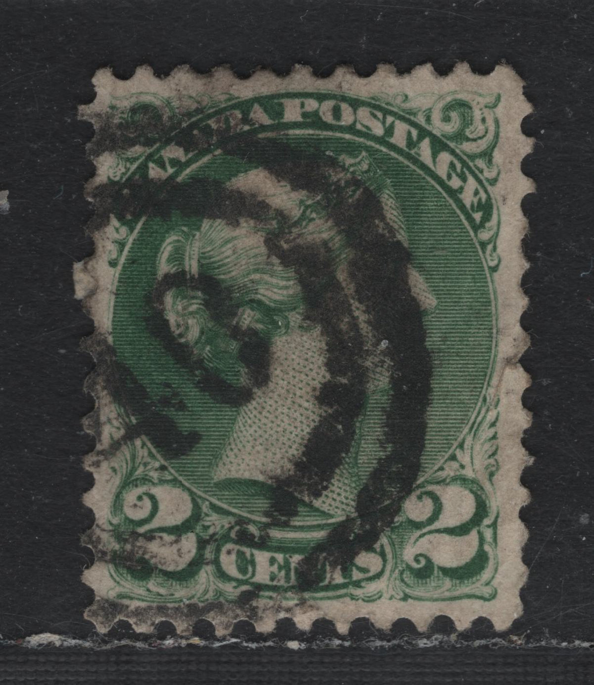 Lot 377 Canada #36e 2c Deep Green , 1870-1893 Small Queen Issue, A Fair Used Single, Montreal Printing, Thick, Opaque Vertical Wove Paper (MM-G), Clear Strike Of #40 Cornwall 2 Ring Numeral Cancel, Two Heavy Creases At LR.