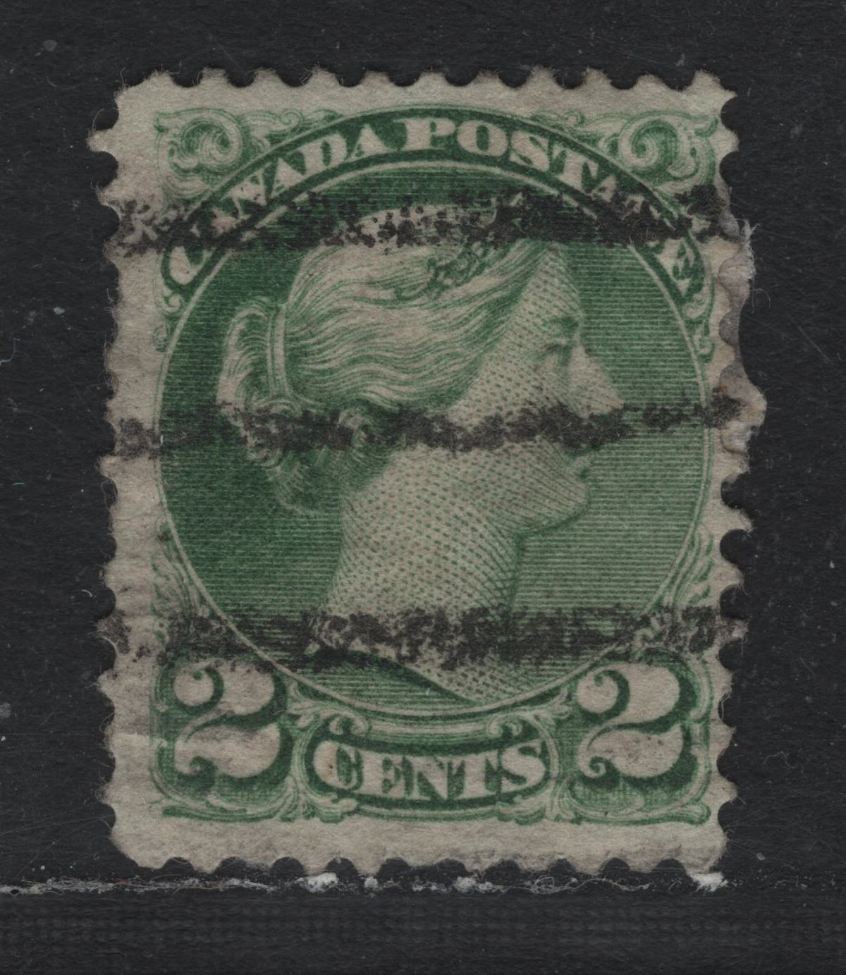 Lot 378 Canada #36i 2c Grass Green , 1870-1893 Small Queen Issue, A Fine Used Single, 2nd Ottawa Printing, Rough Porous Paper, Perf 12x12.1, Style S Precancel.