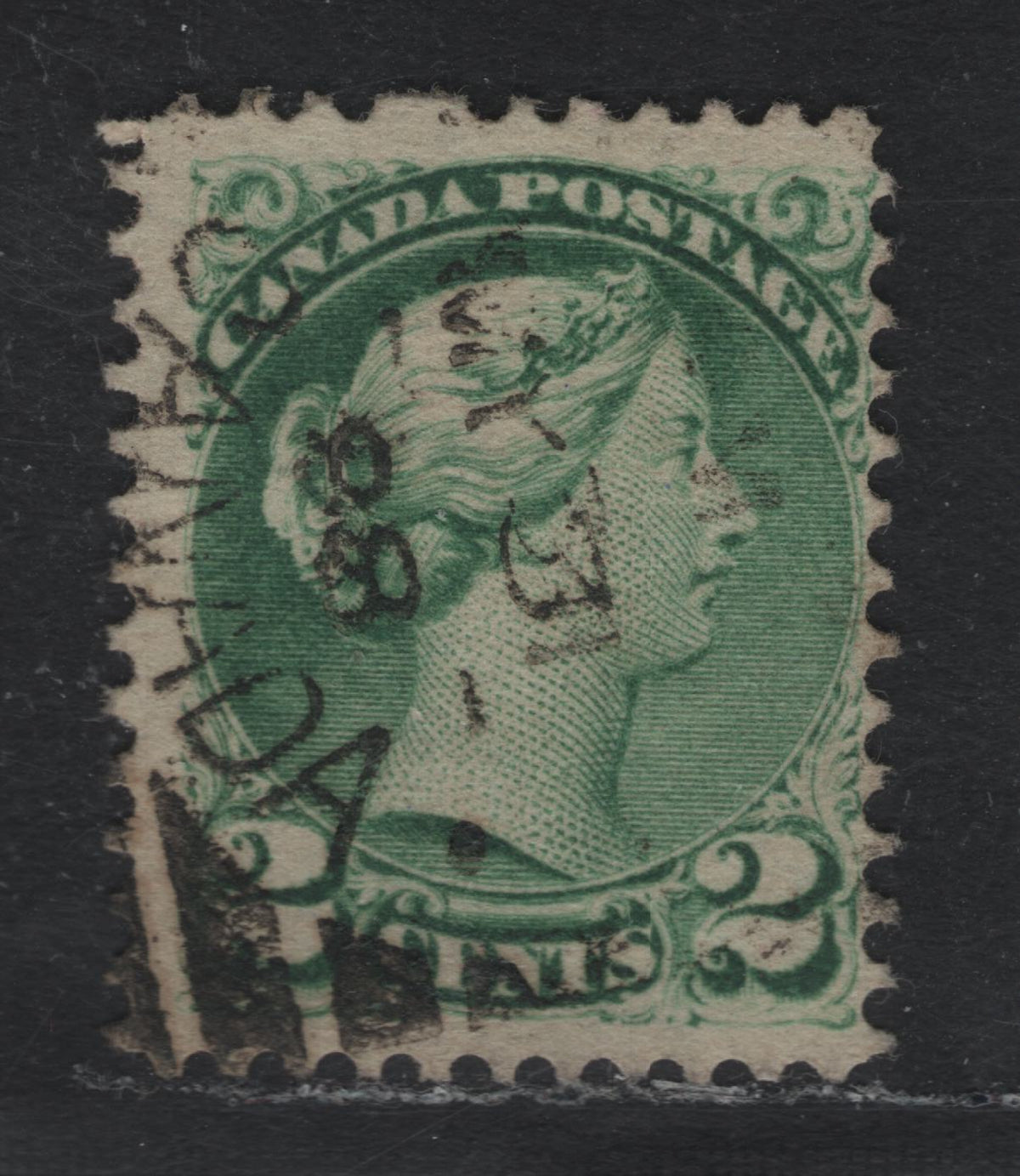 Lot 379 Canada (C)#36i 2c Green , 1870-1893 Small Queen Issue, A Fine Used Single, 2nd Ottawa Printing, Soft Porous Vertical Wove Paper, Unchecked As to Specific Perf, Showing Full Design Offset On The Back.