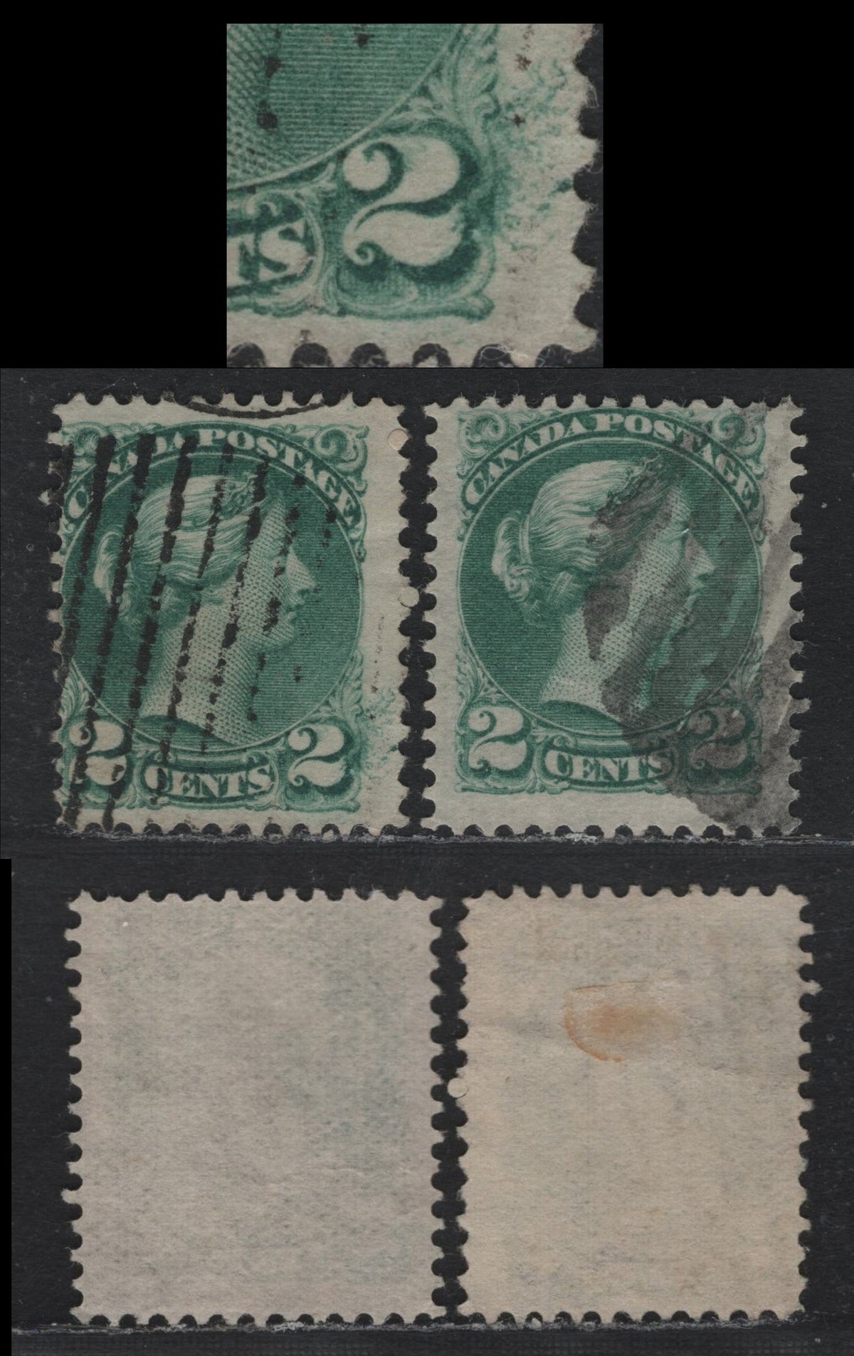 Lot 383 Canada #36d, 36ii 2c Blue Green , 1870-1893 Small Queen Issue, 2 Very Good/Fine Used Singles, Montreal & 2nd Ottawa Printings, Unchecked As To Specific Paper Type & Perfs, Though Not Perf 11.5x12.