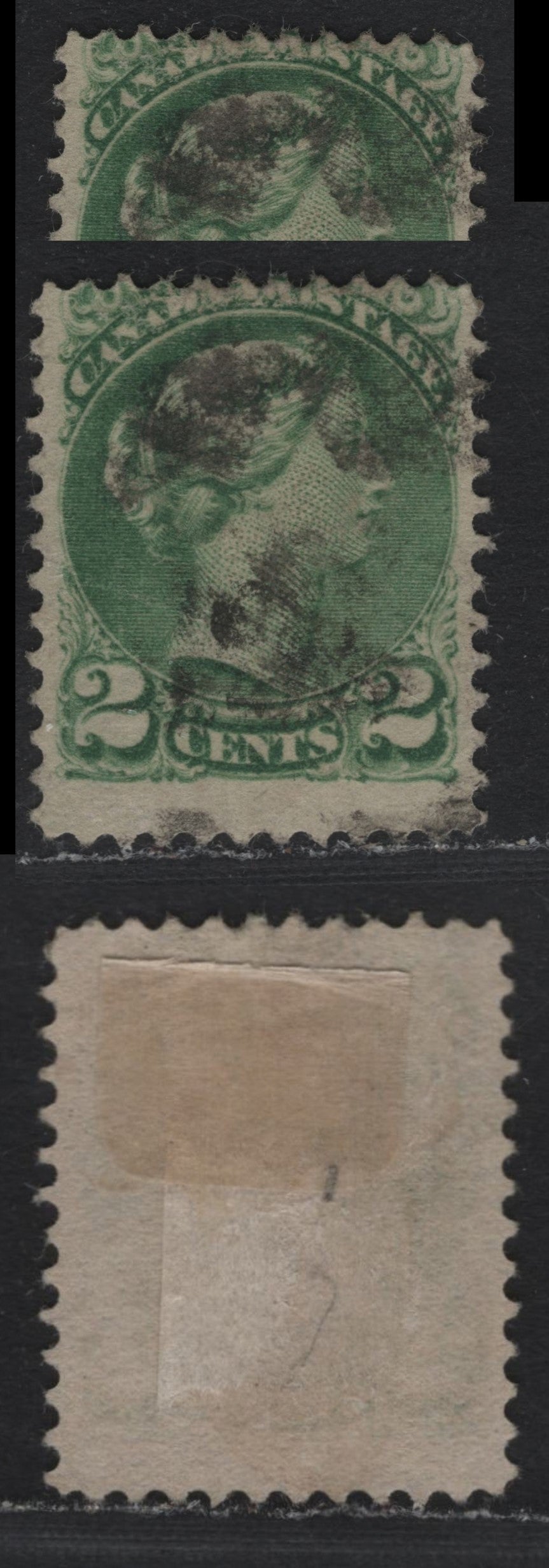 Lot 385 Canada #36i 2c Dull Green , 1870-1893 Small Queen Issue, A Very Good Used Single, 2nd Ottawa Printing, Perf 12, Showing Significant Plate/Inking Damage To Canada Postage, Unchecked As To Specific Paper Type.