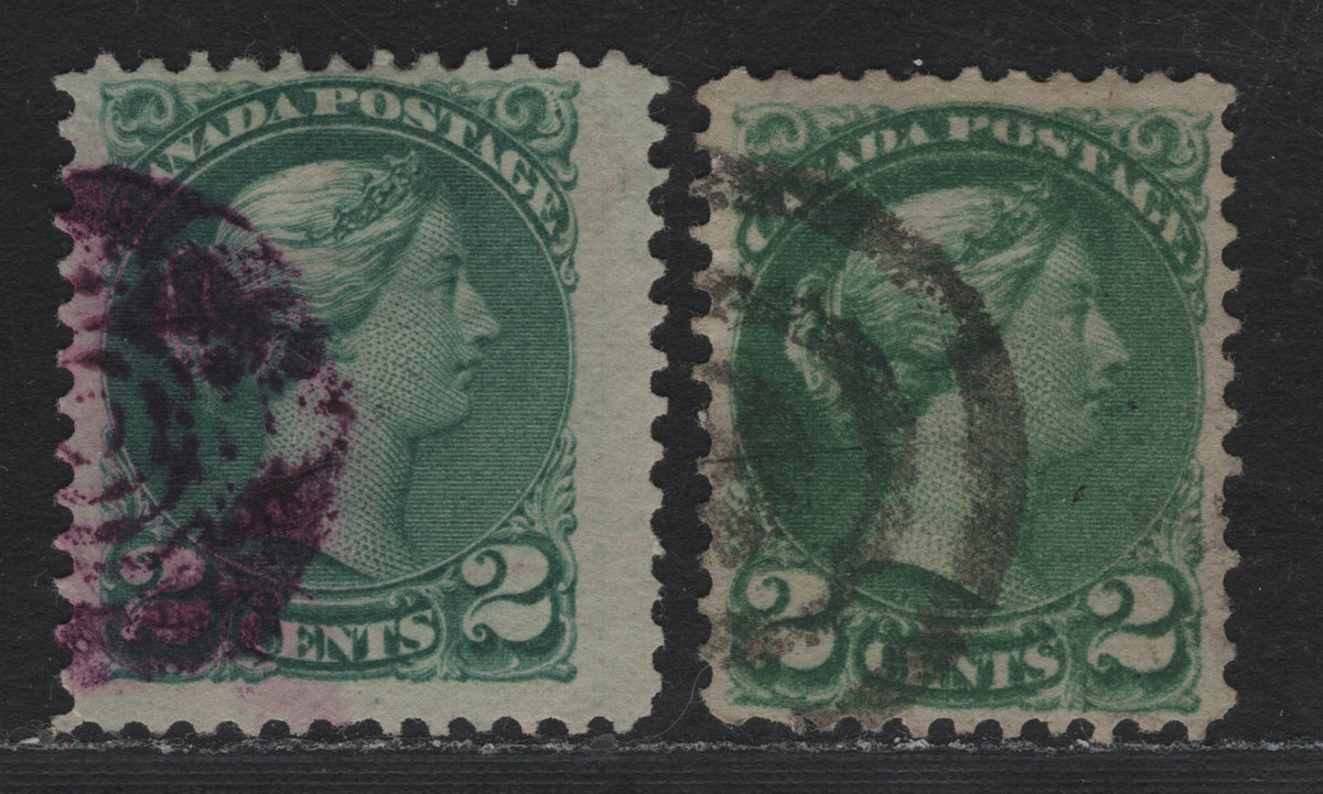 Lot 386 Canada #36i, 36ii 2c Blue Green - Green , 1870-1893 Small Queen Issue, 2 Fine Used Singles, 2nd Ottawa Printing, Scarcer Purple Target Cancel & 3-Ring Bullseye Cancels