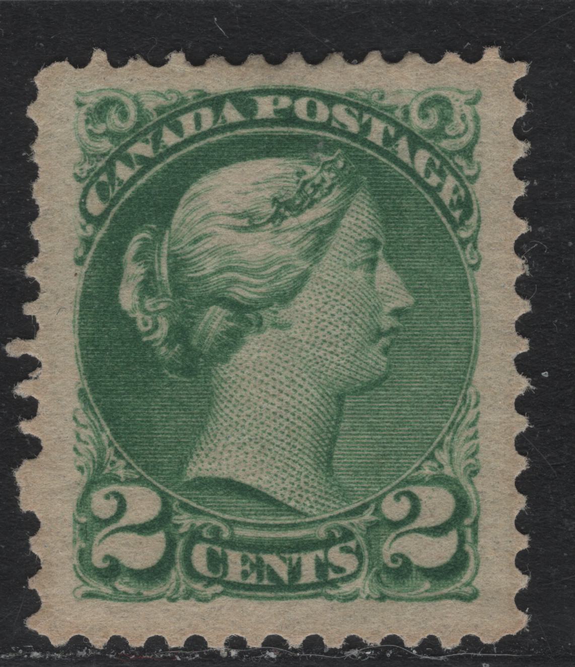 Lot 387 Canada #36i 2c Grass Green , 1870-1893 Small Queen Issue, A Fine Used Single, 2nd Ottawa Printing, Newsprint Paper, Perf 12x12.2.