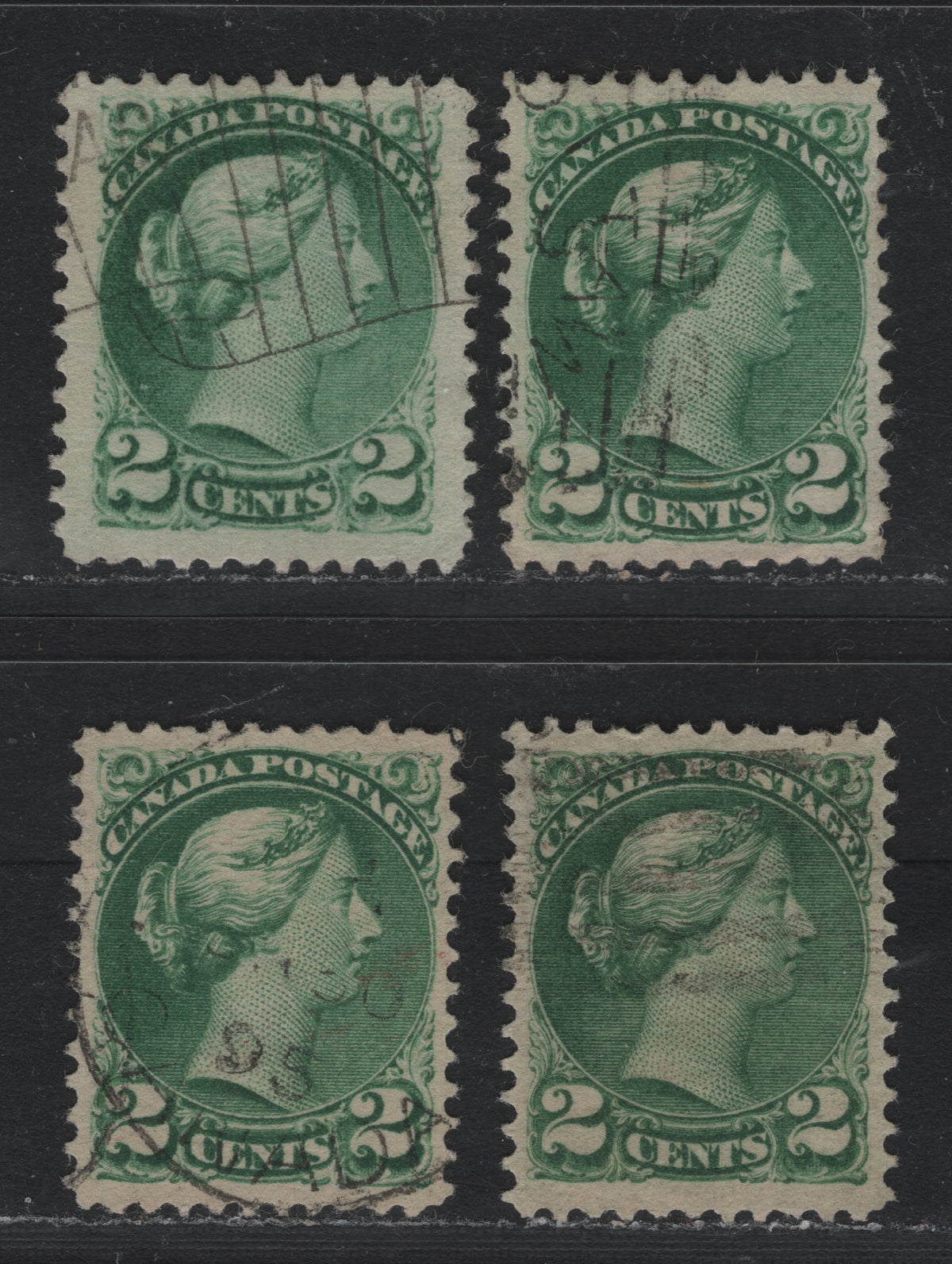 Lot 389 Canada (C)#36i, 36ii 2c Grass Green & Green , 1870-1893 Small Queen Issue, 4 Very Fine Used Singles, 2nd Ottawa Printings, Different Papers, Unchecked As To Specific Perfs.