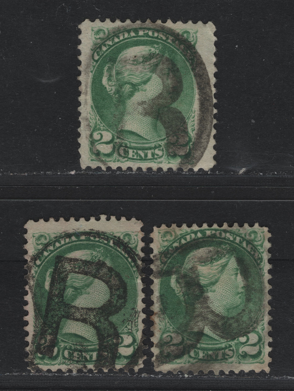 Lot 390 Canada (C)#36i 2c Green & Grass Green , 1870-1893 Small Queen Issue, 3 Fine Used Singles, 2nd Ottawa Printings, Unchecked As To Specific Perfs & Papers, All With Different Style R Registered Cancels.