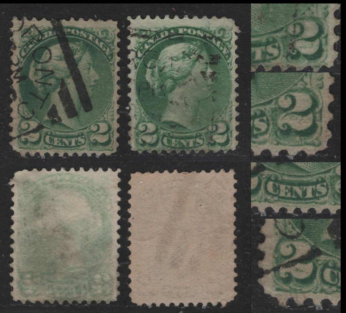 Lot 392 Canada (C)#36i 2c Green , 1870-1893 Small Queen Issue, A Fine Used Single, 2nd Ottawa Printings, Different Papers, Unchecked As to Specific Type, Unchecked Perfs, All With Smudges Inside Both 2's.