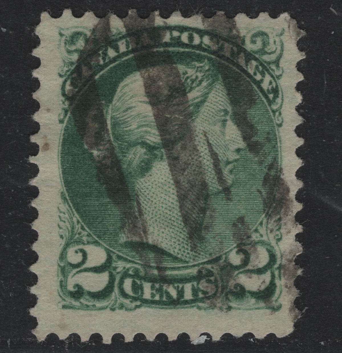 Lot 394 Canada #36i 2c Green , 1870-1893 Small Queen Issue, A Fine Used Single, 2nd Ottawa Printing, Opaque Horiz Wove Paper, Highly Porous Wire & Felt Sides, Geometric Cork Cancel.
