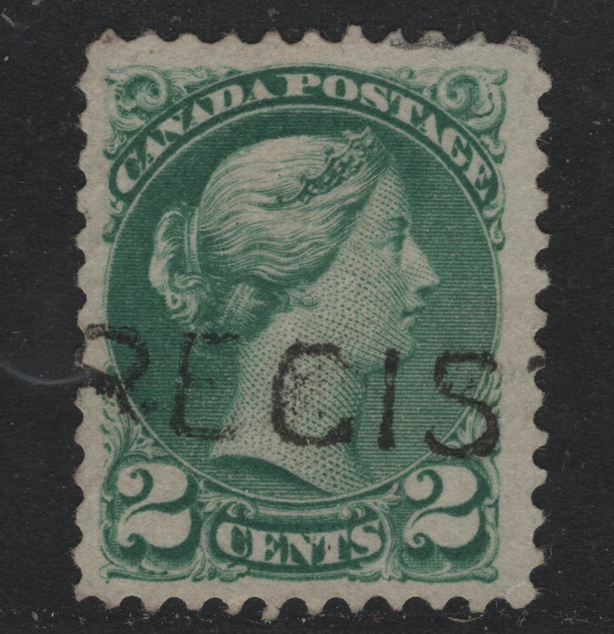 Lot 395 Canada #36e 2c Green , 1870-1893 Small Queen Issue, A Very Fine Used Single, Soft Opaque Vertical Wove Paper (MM-C), Perf 11.75x12, Straight Line Registered Cancel, Scarce On This Printing.