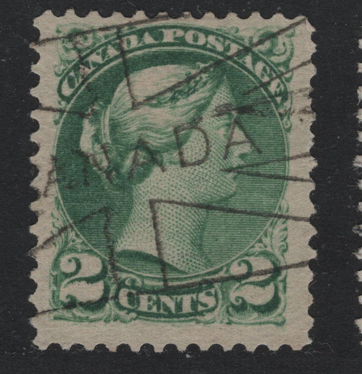 Lot 396 Canada #36i 2c Grass Green , 1870-1893 Small Queen Issue, A Fine Used Single, 2nd Ottawa Printing, Nearly Opaque Cream Horizontal Wove Paper, Unchecked As To Specific Type, Perf 12x12.1, Clear Union Jack Canada Flag Cancel.
