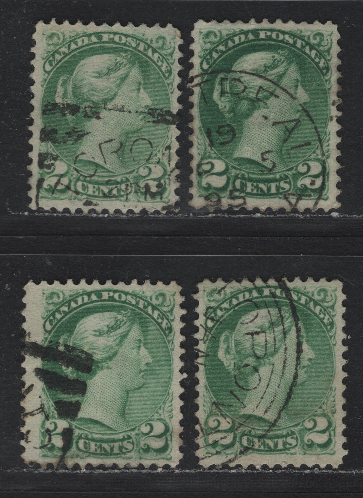 Lot 398 Canada (C)#36i 2c Light Green - Deep Green , 1870-1893 Small Queen Issue, 4 Very Fine Used Singles, 2nd Ottawa Printings, All Slightly Different Shades, Unchecked As To Specific Paper Type & Perf.