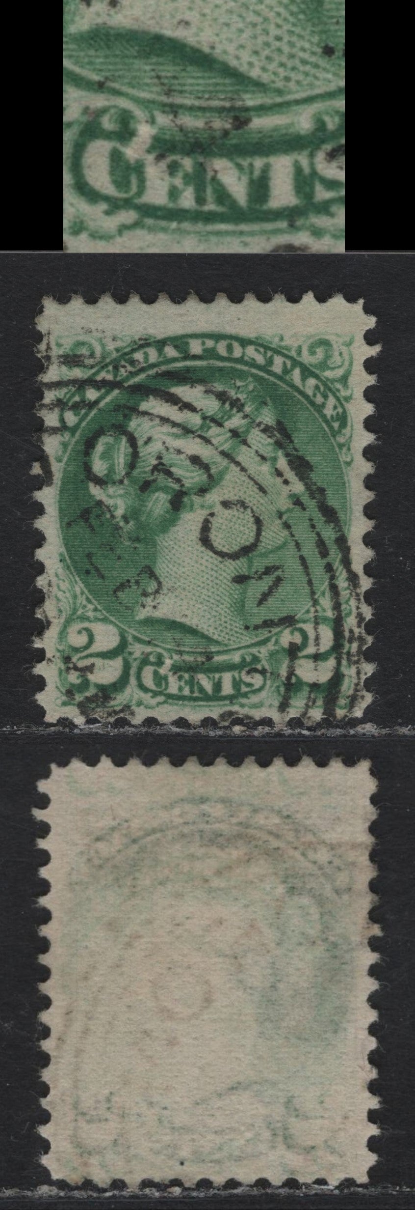 Lot 399 Canada (C)#36i 2c Green , 1870-1893 Small Queen Issue, A Fine Used Single, 2nd Ottawa Printing, Showling Large Apostrophe Above 'C' of Cents, Unchecked As To Paper Type & Perf, Unusual and Unlisted, As Well As Striking.