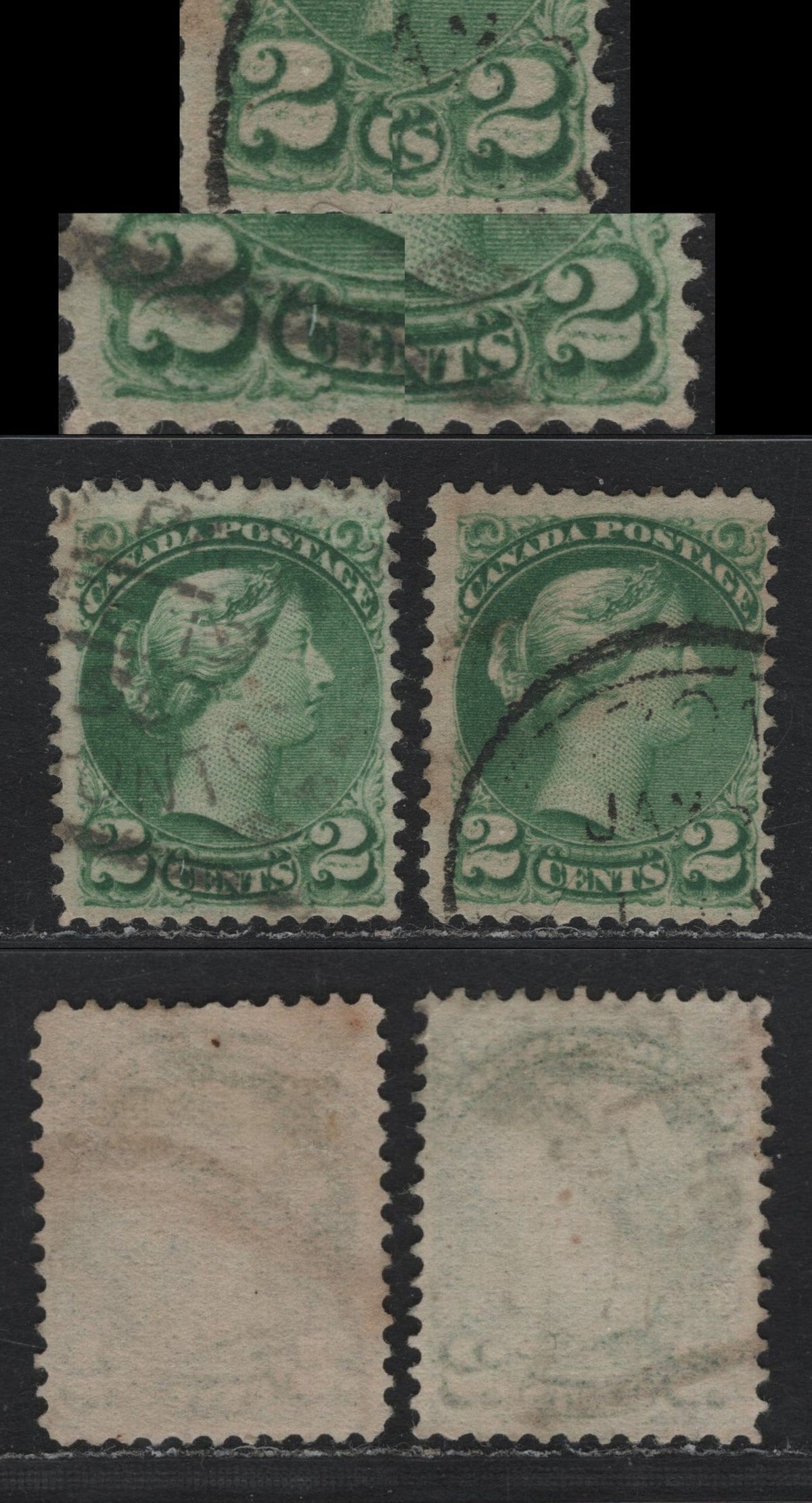 Lot 400 Canada #36i 2c Green , 1870-1893 Small Queen Issue, 2 Fine Used Singles, 2nd Ottawa Printings, Both Significant Smudging Inside Both 2's, Unchecked As To Specific Paper Type & Perf.